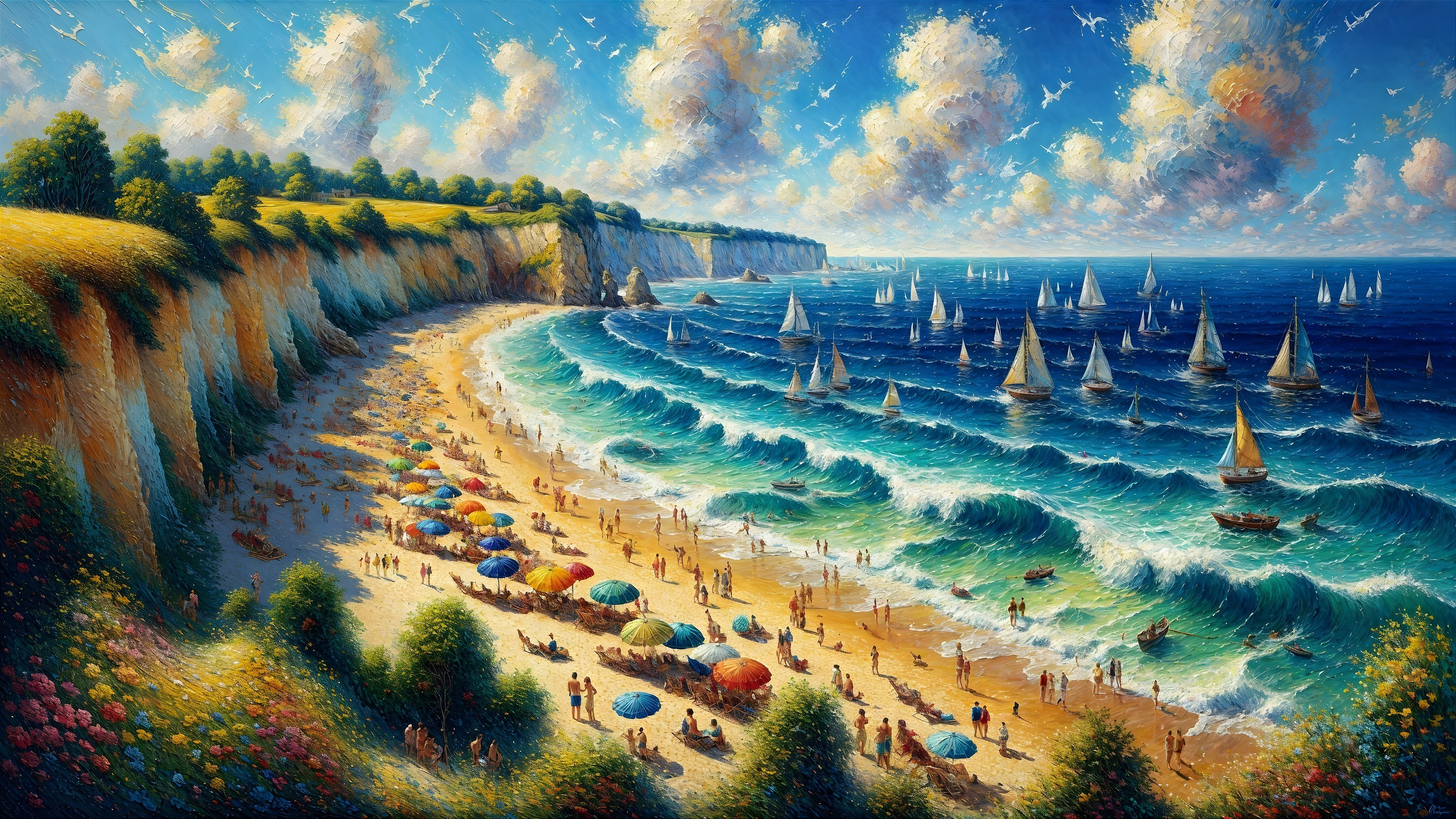Vibrant Seaside Scene with Colorful Umbrellas and Sailboats