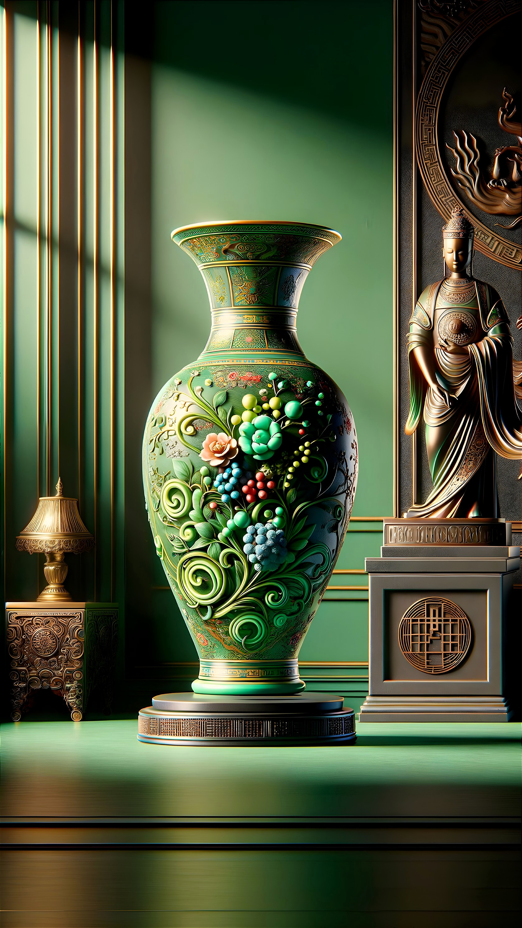 Intricately Designed Green Vase with Floral Motifs