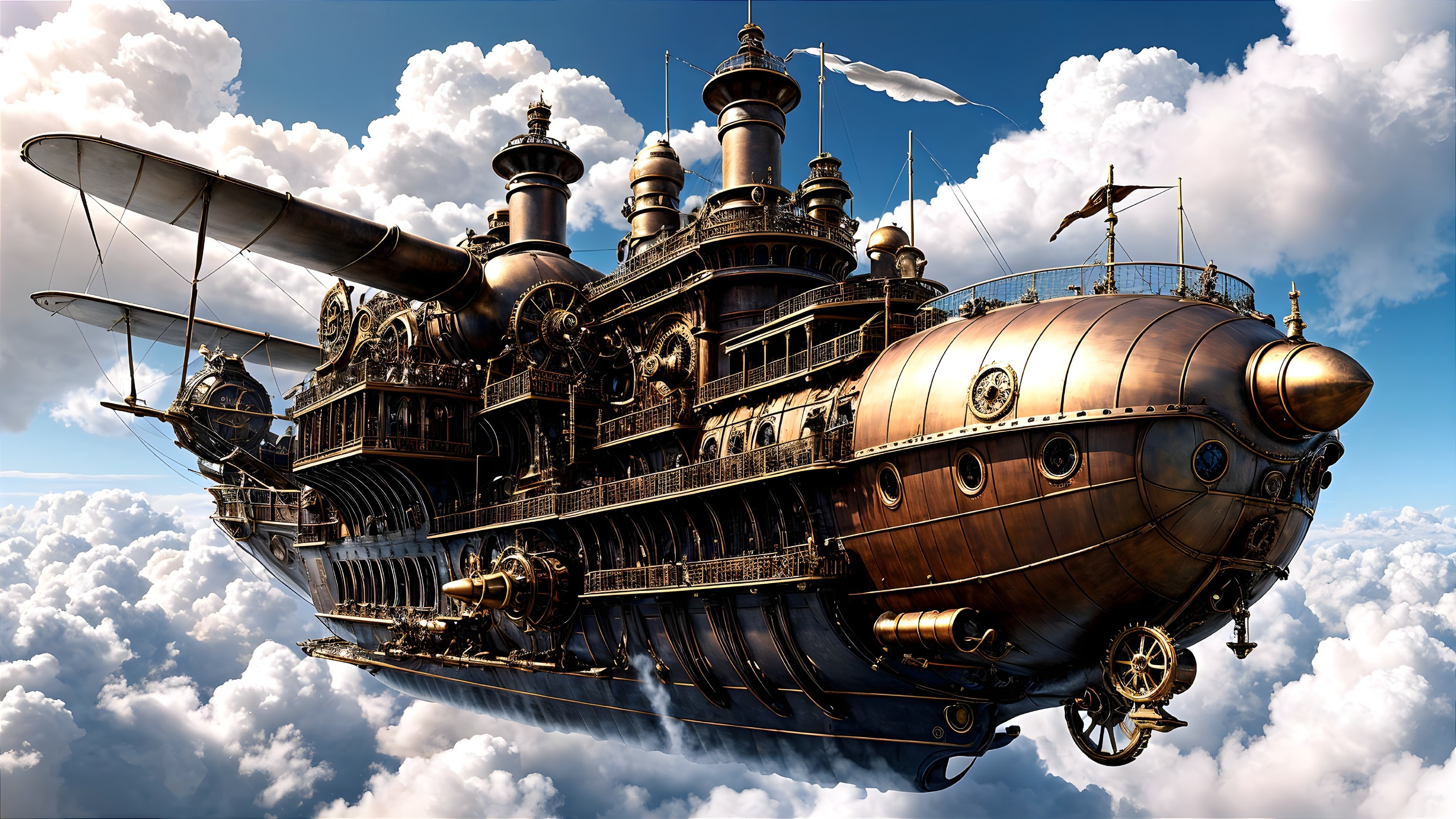 Steampunk Airship Design in Fluffy Cloudscape