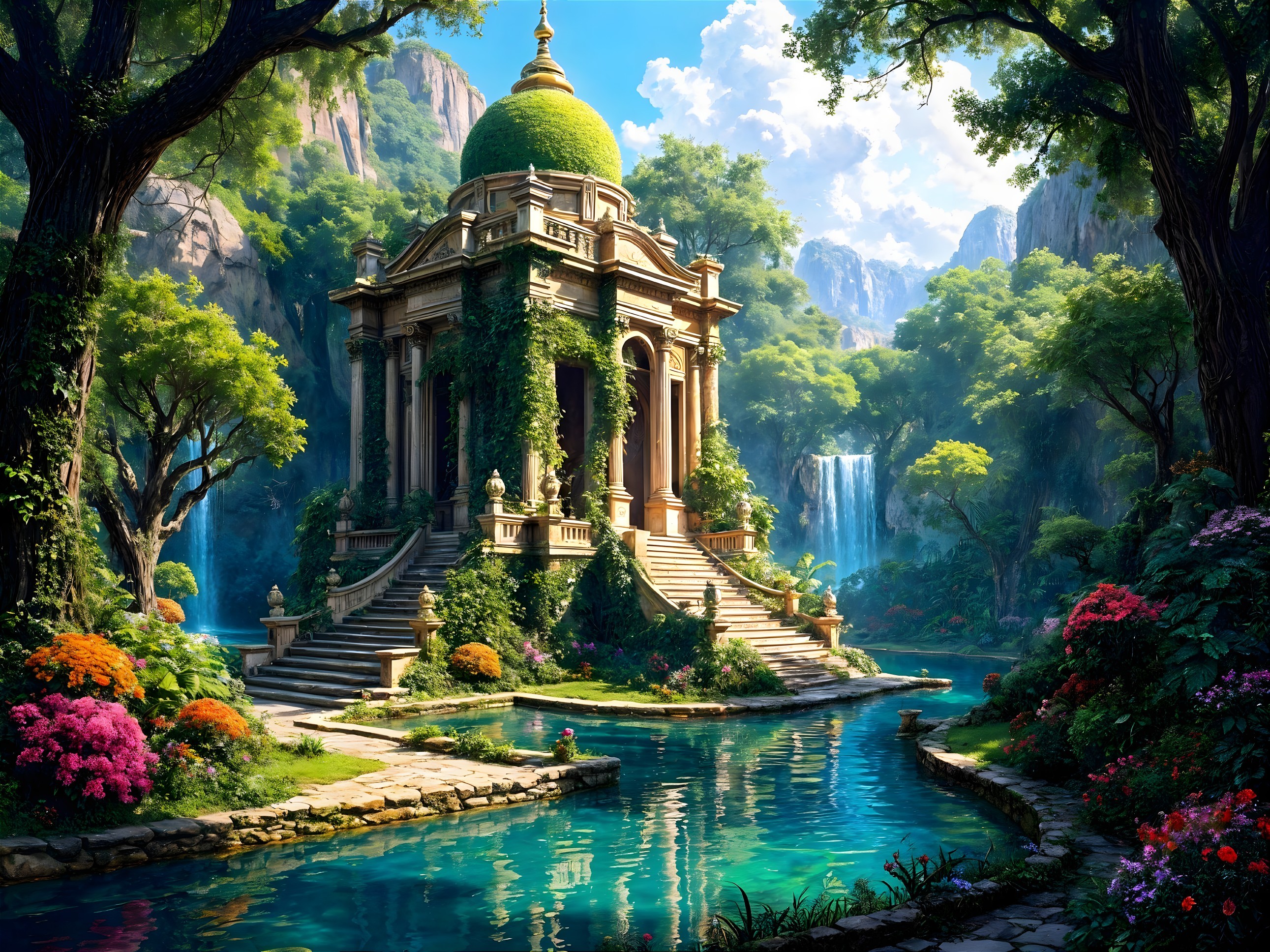 Grand structure with green dome in serene landscape