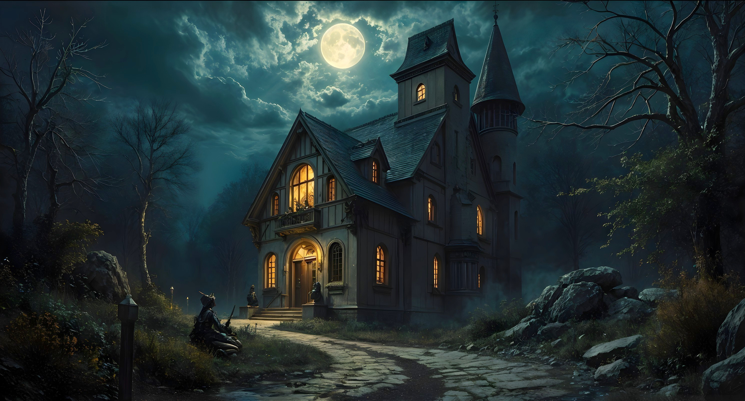 Victorian Mansion Under Full Moon with Eerie Atmosphere