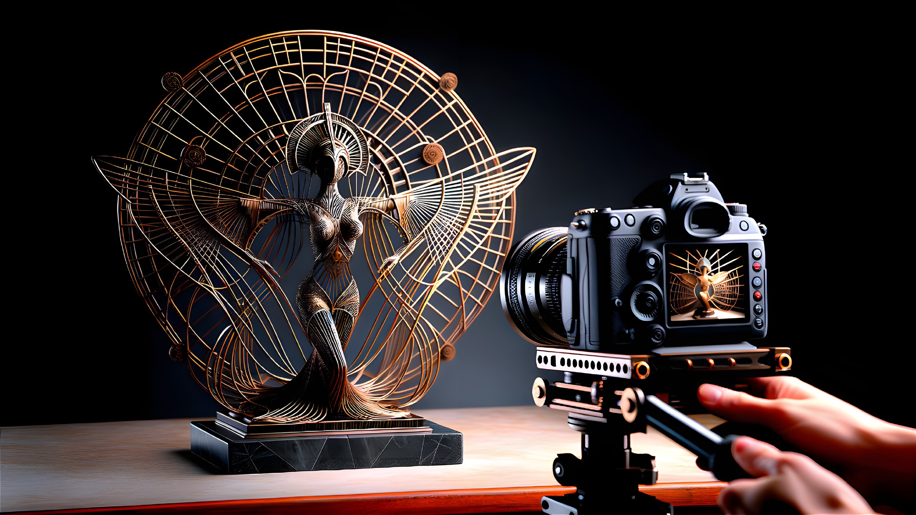 Sculpture of Woman with Golden Wire Design Displayed