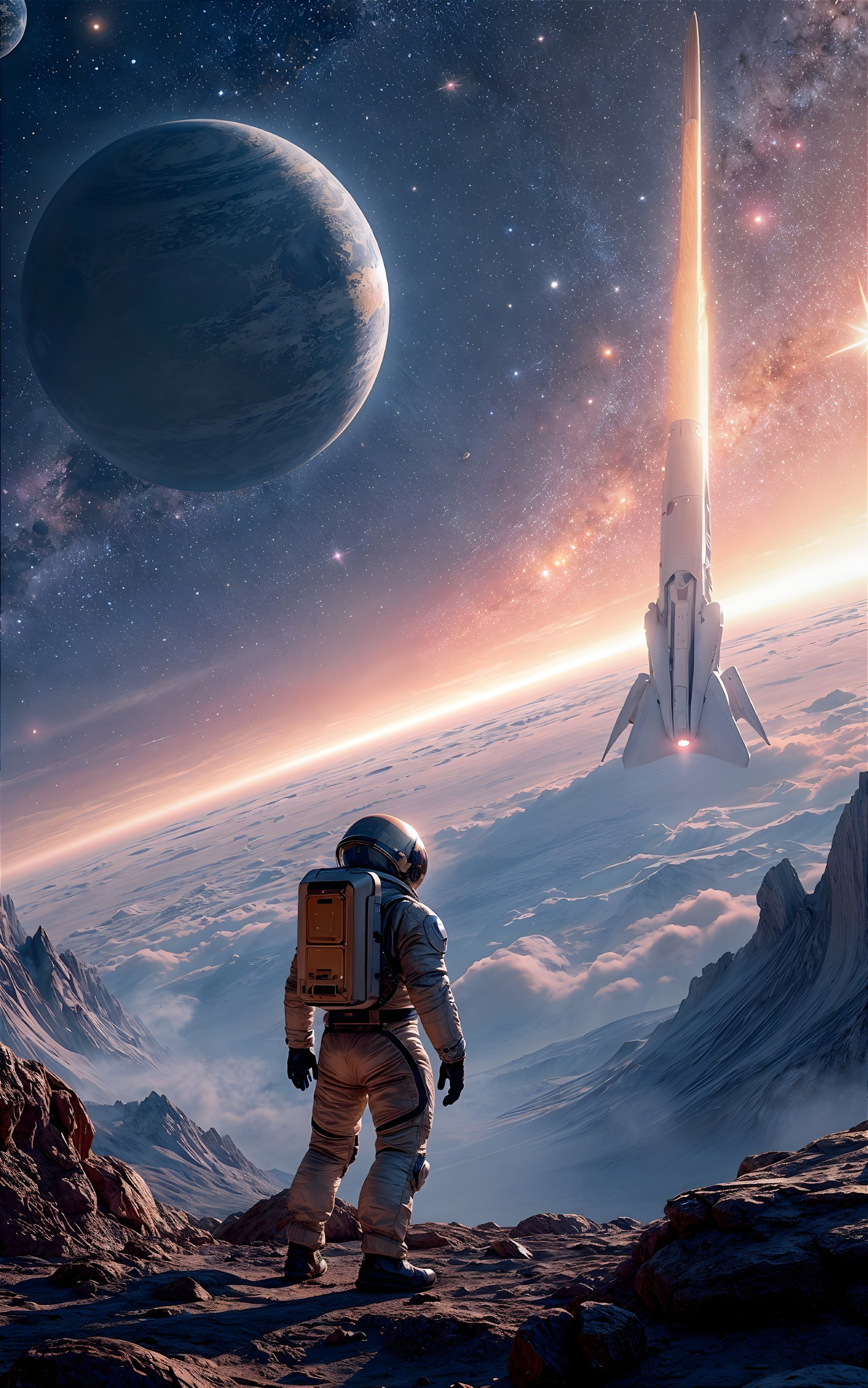 Astronaut Observes Rocket Launch in Alien Landscape