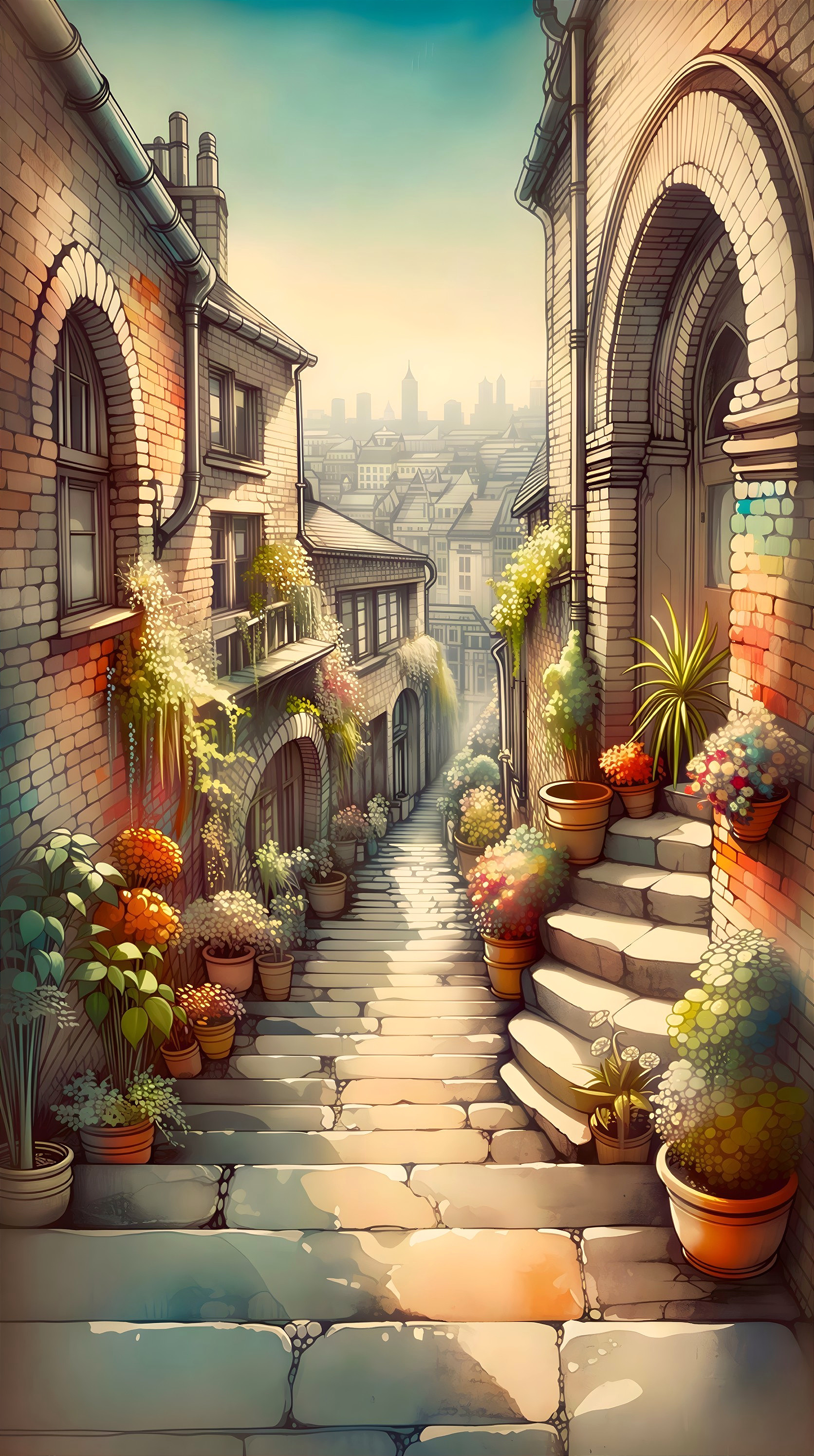 Vibrant Artwork of Cobblestone Stairway and Brick Buildings
