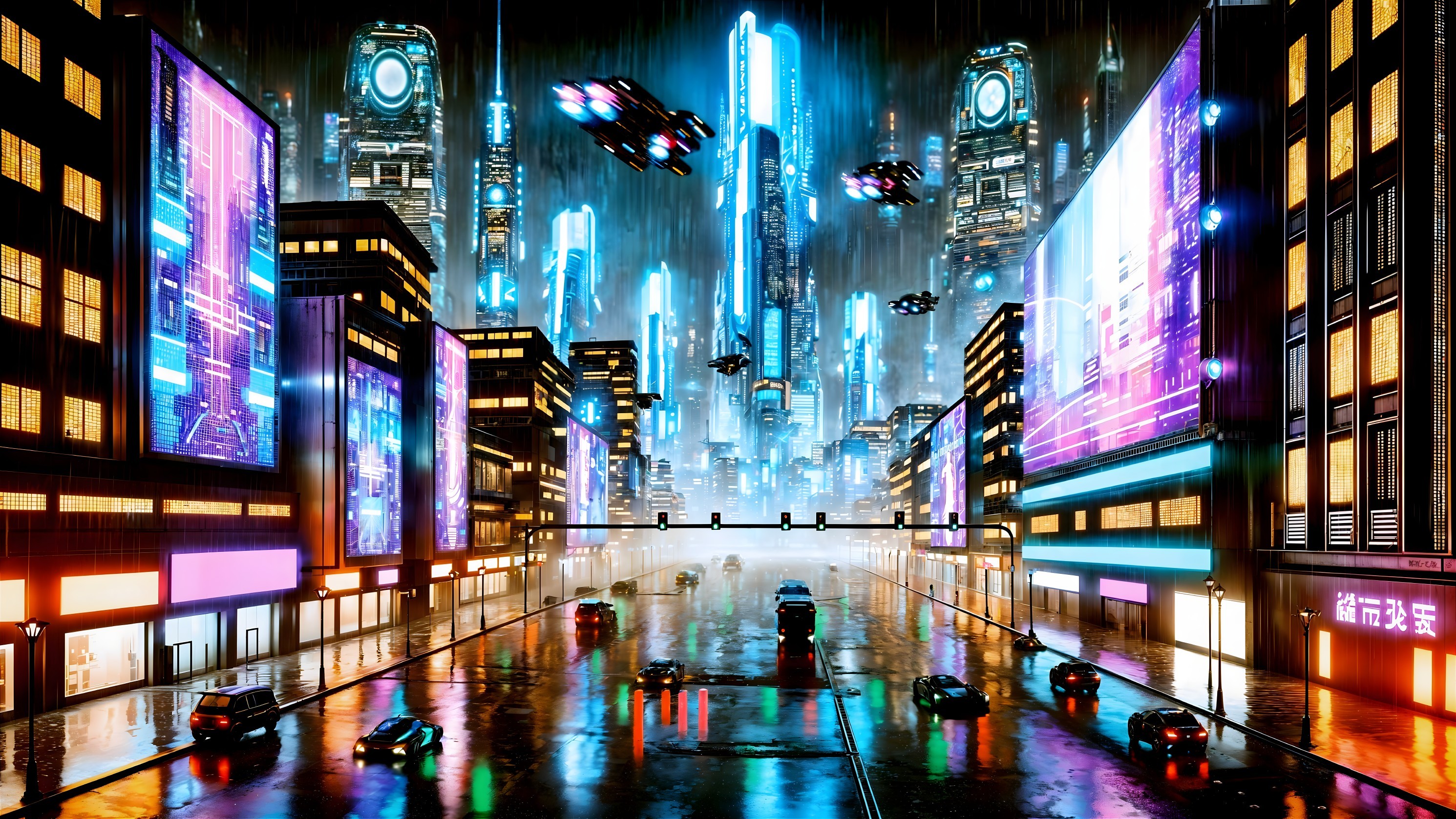 Futuristic cityscape with neon lights and flying vehicles