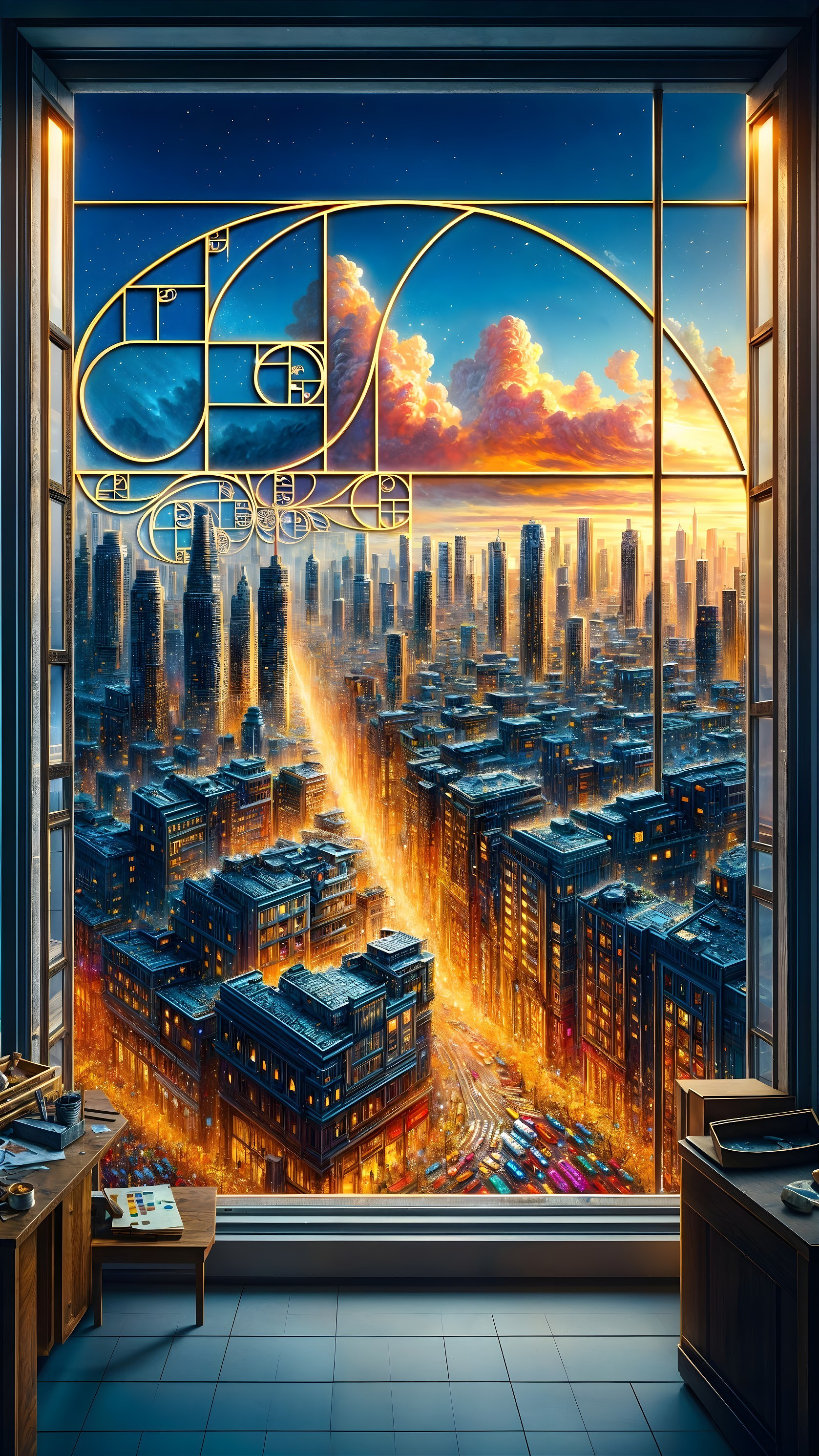 Cityscape Sunset with Fibonacci Spiral and Art Supplies