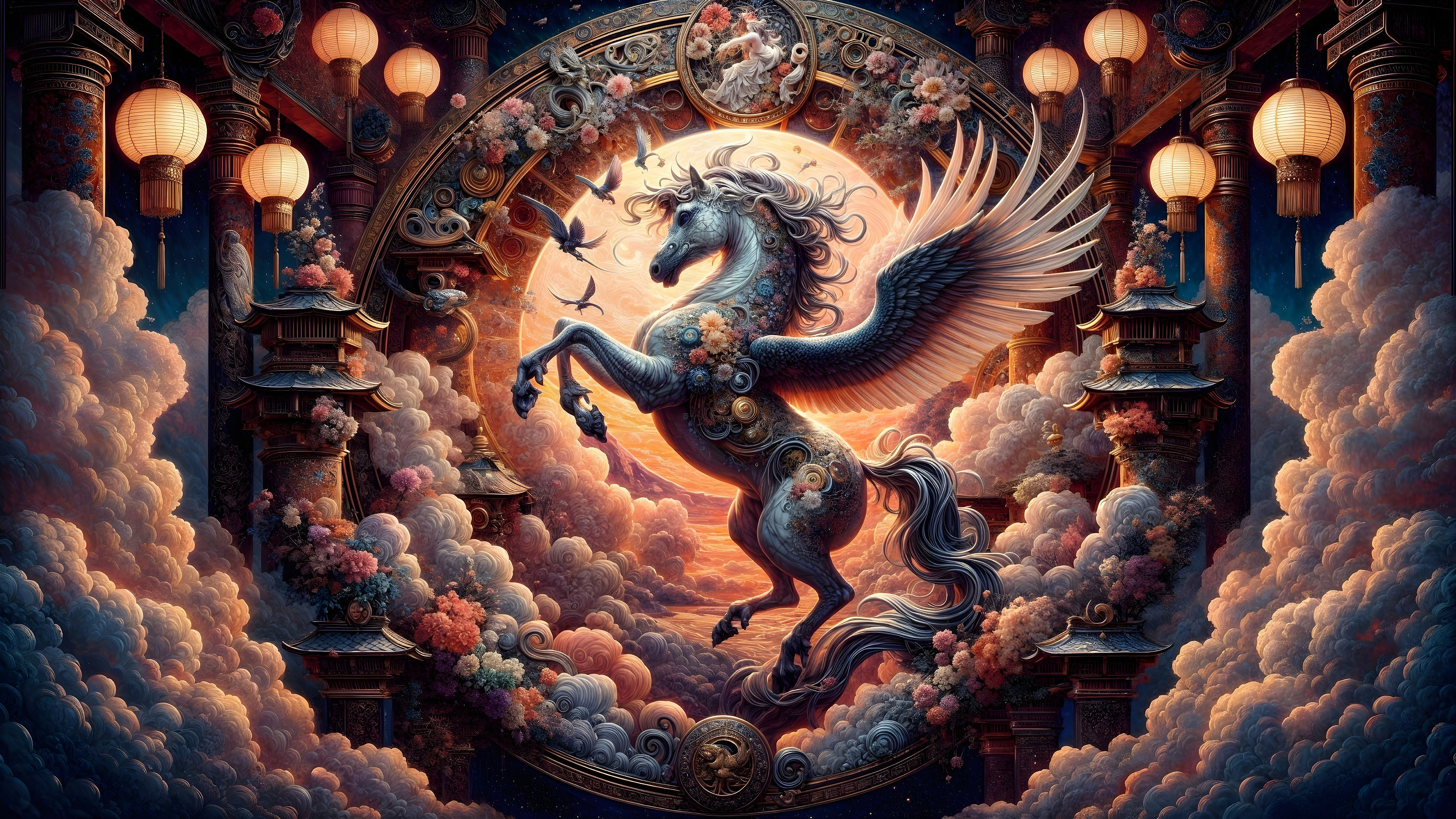 Winged Unicorn in Dreamlike Colorful Landscape
