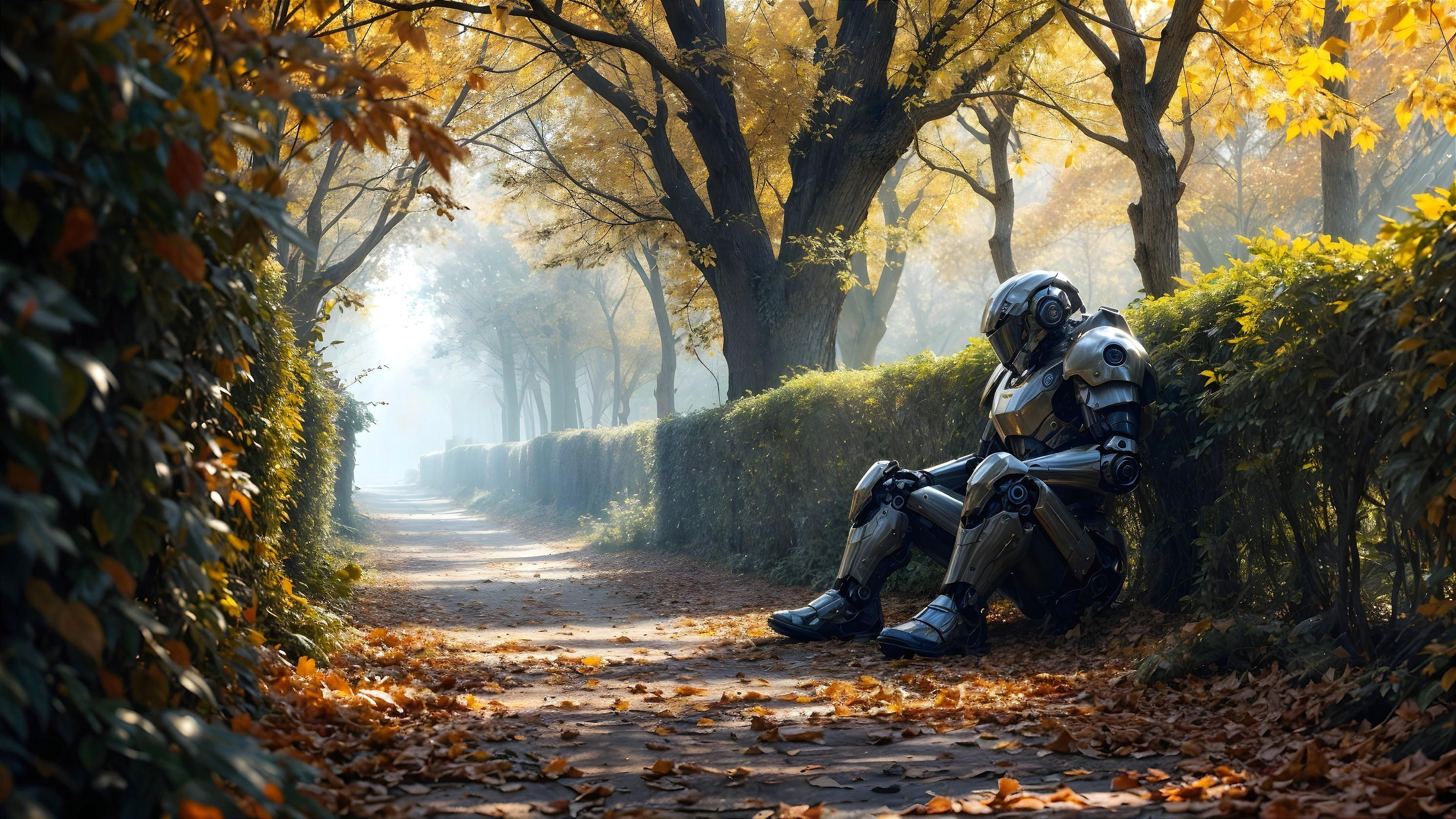 Robot Amidst Autumn Foliage on a Serene Path