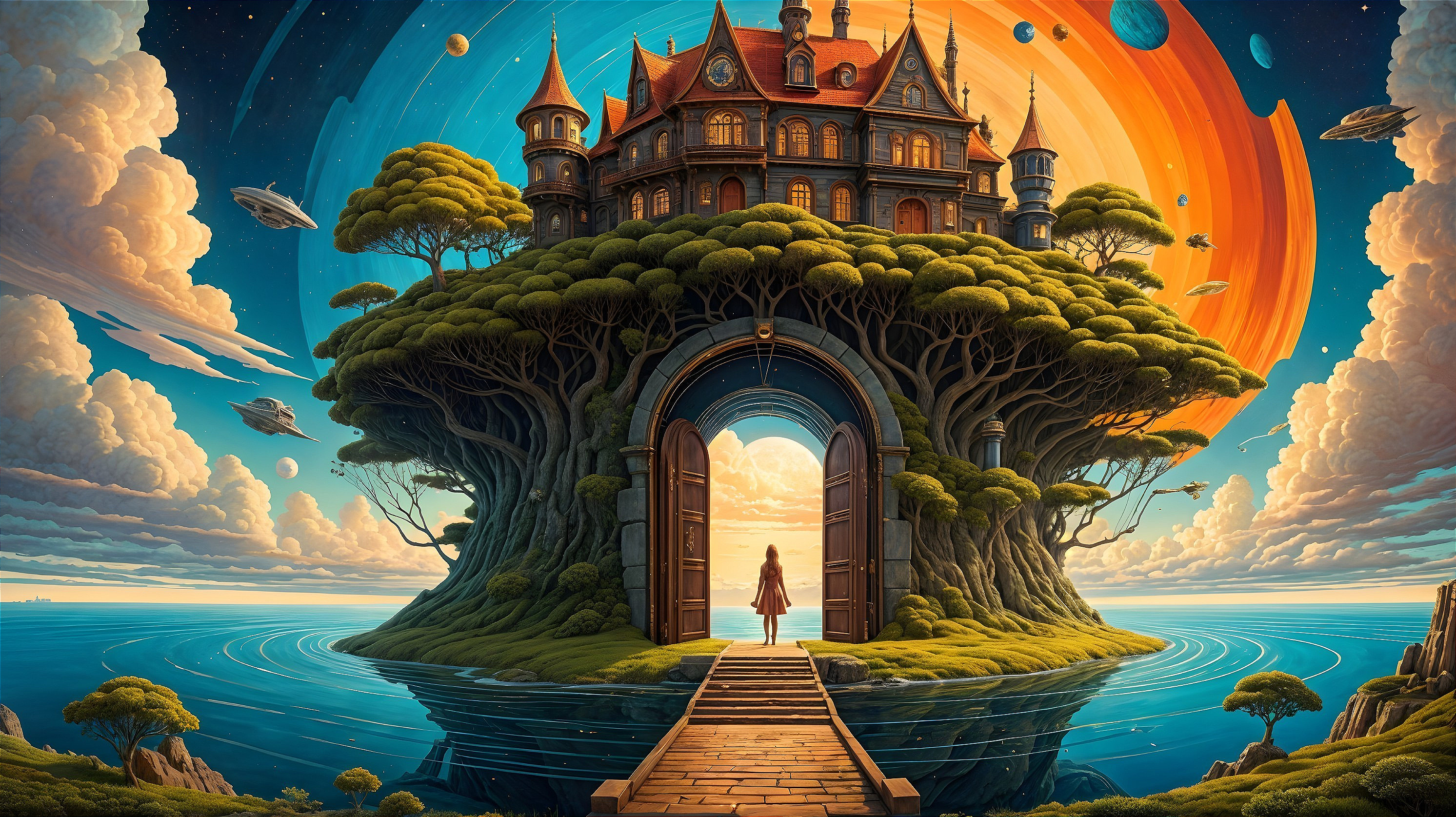 Whimsical Landscape with Castle and Orange Planet