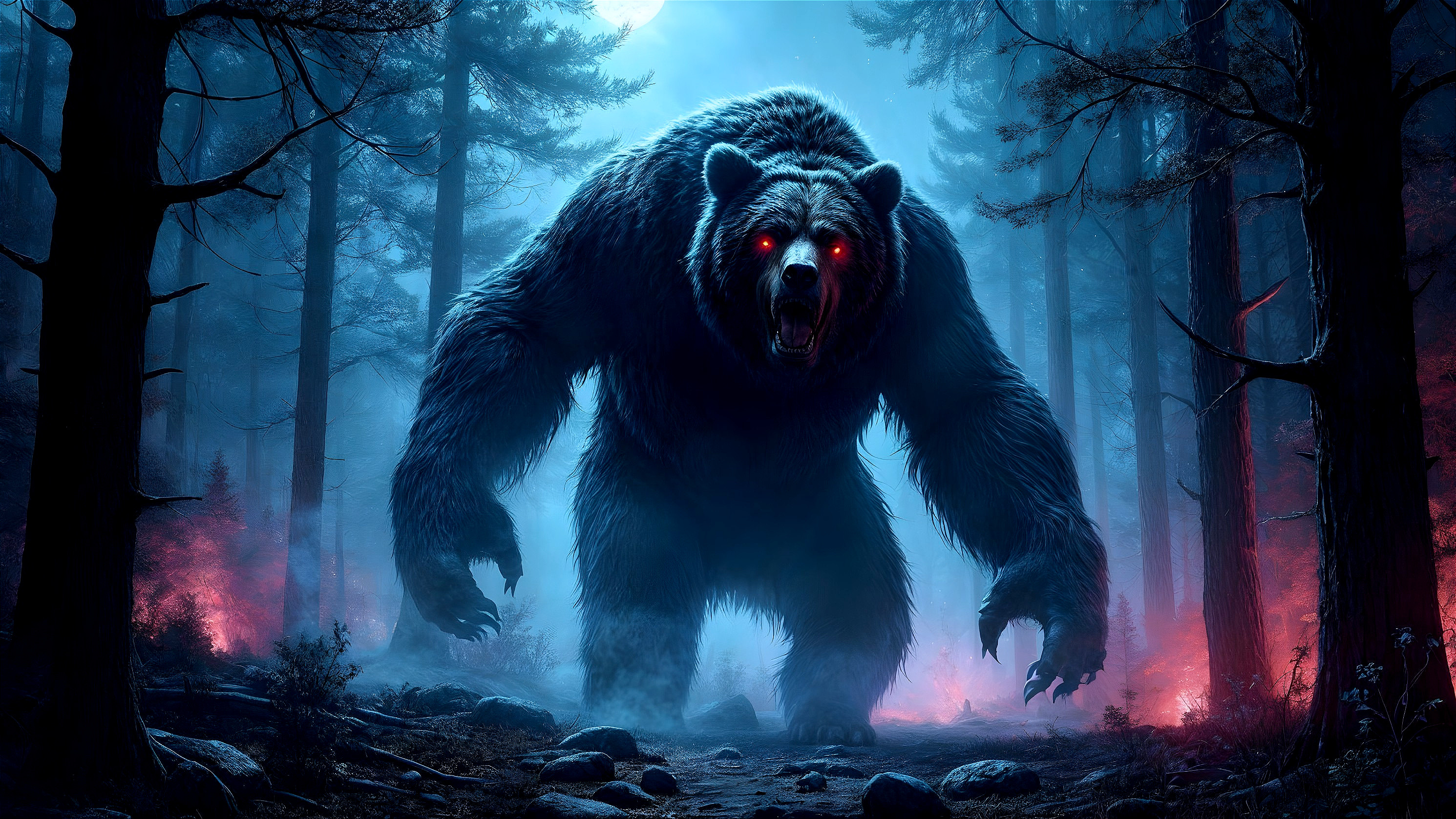 Gigantic Bear in Shadowy Forest with Eerie Mist