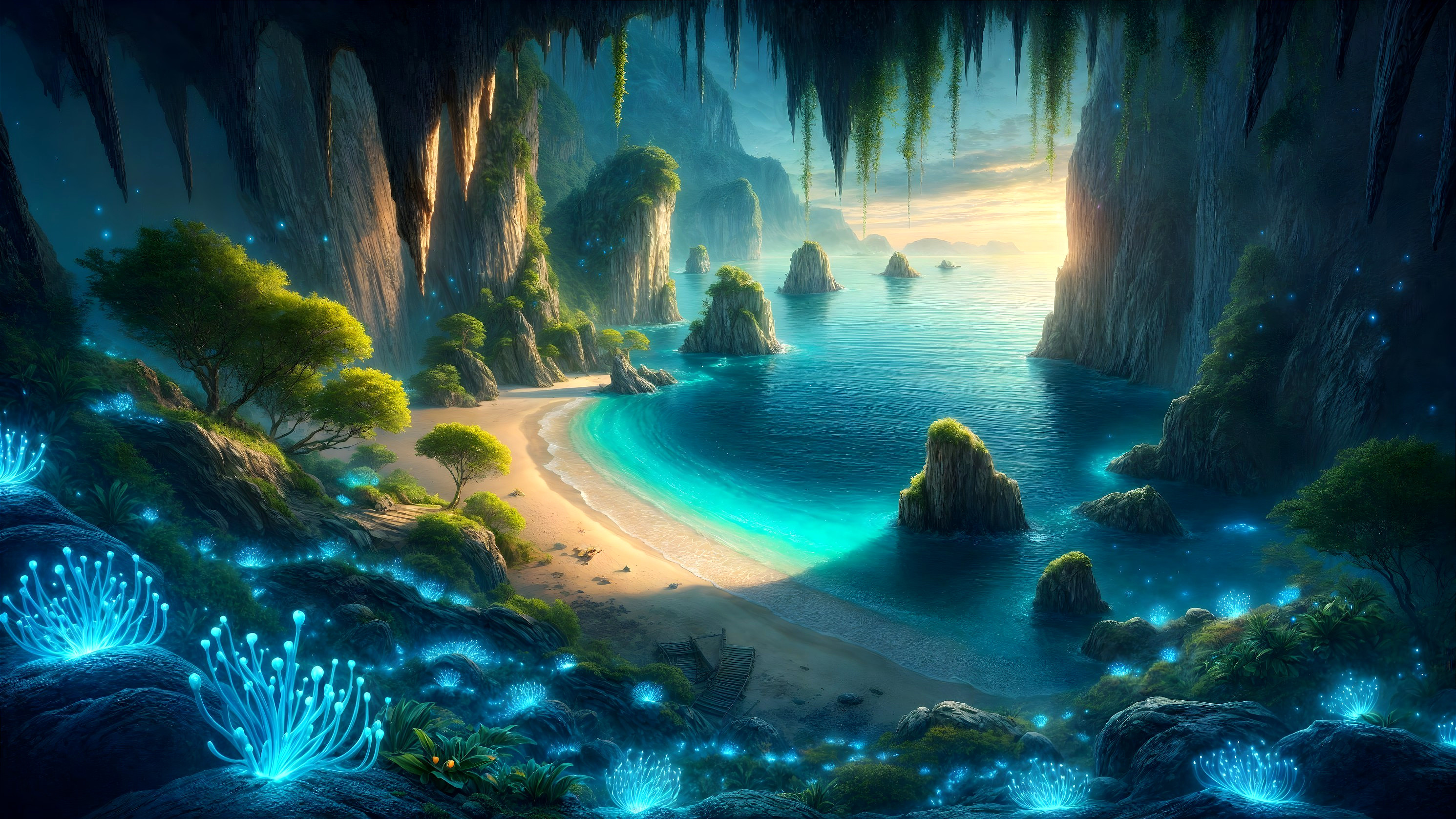 Tropical cove with bioluminescent plants at sunset