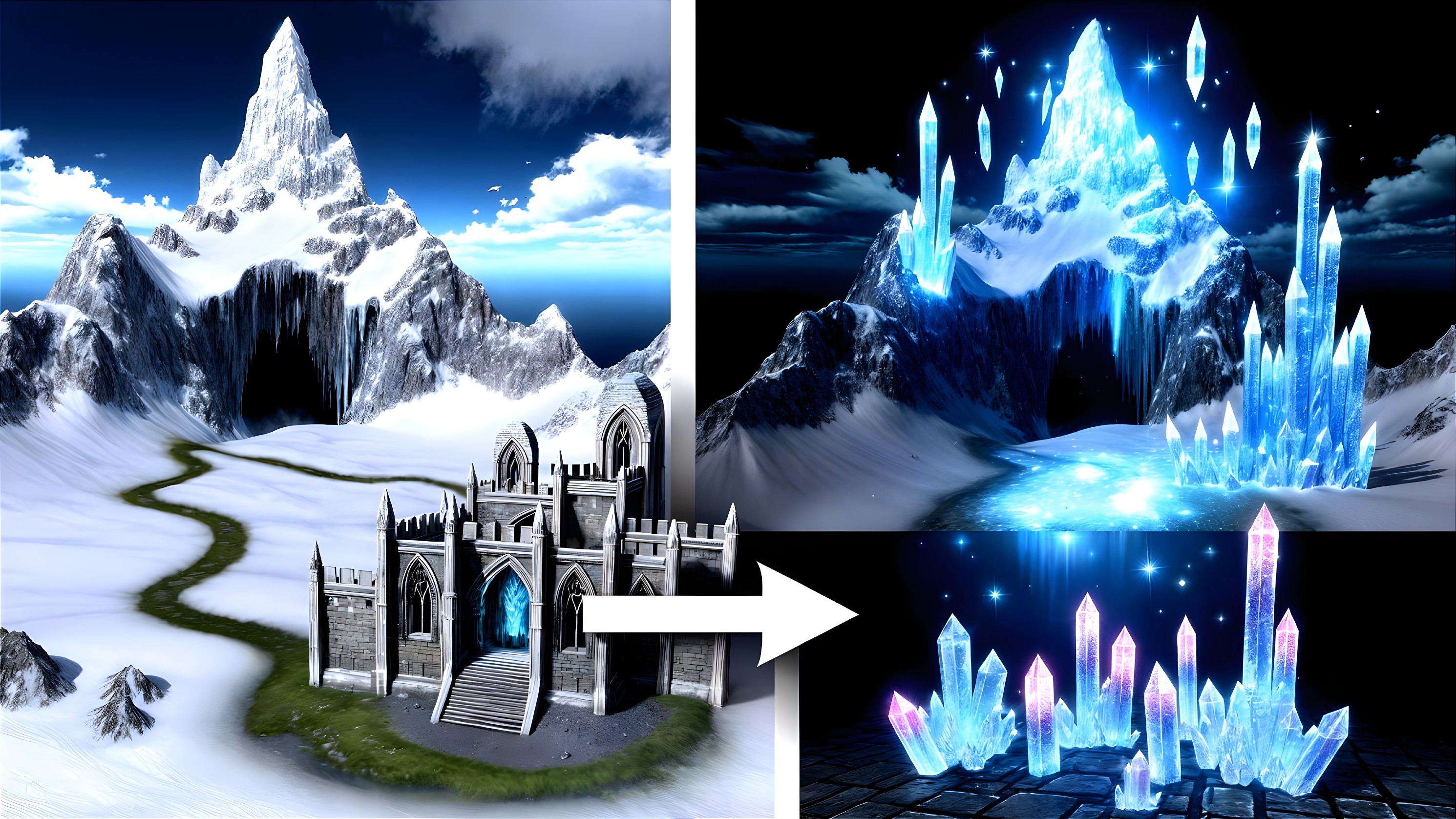Snowy Landscape with Castle and Luminous Crystal Cave