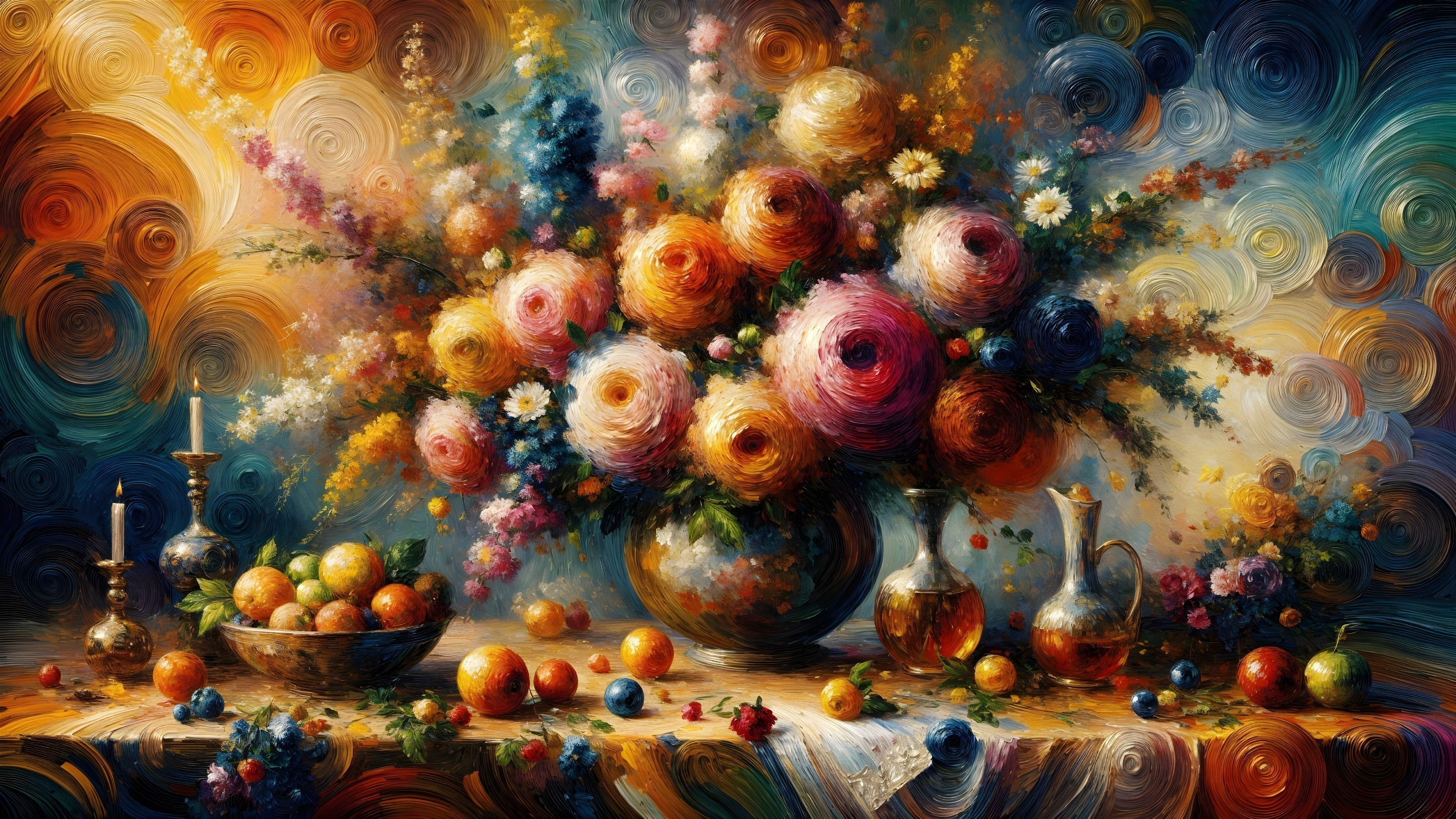Vibrant Still Life with Colorful Flowers and Fruits