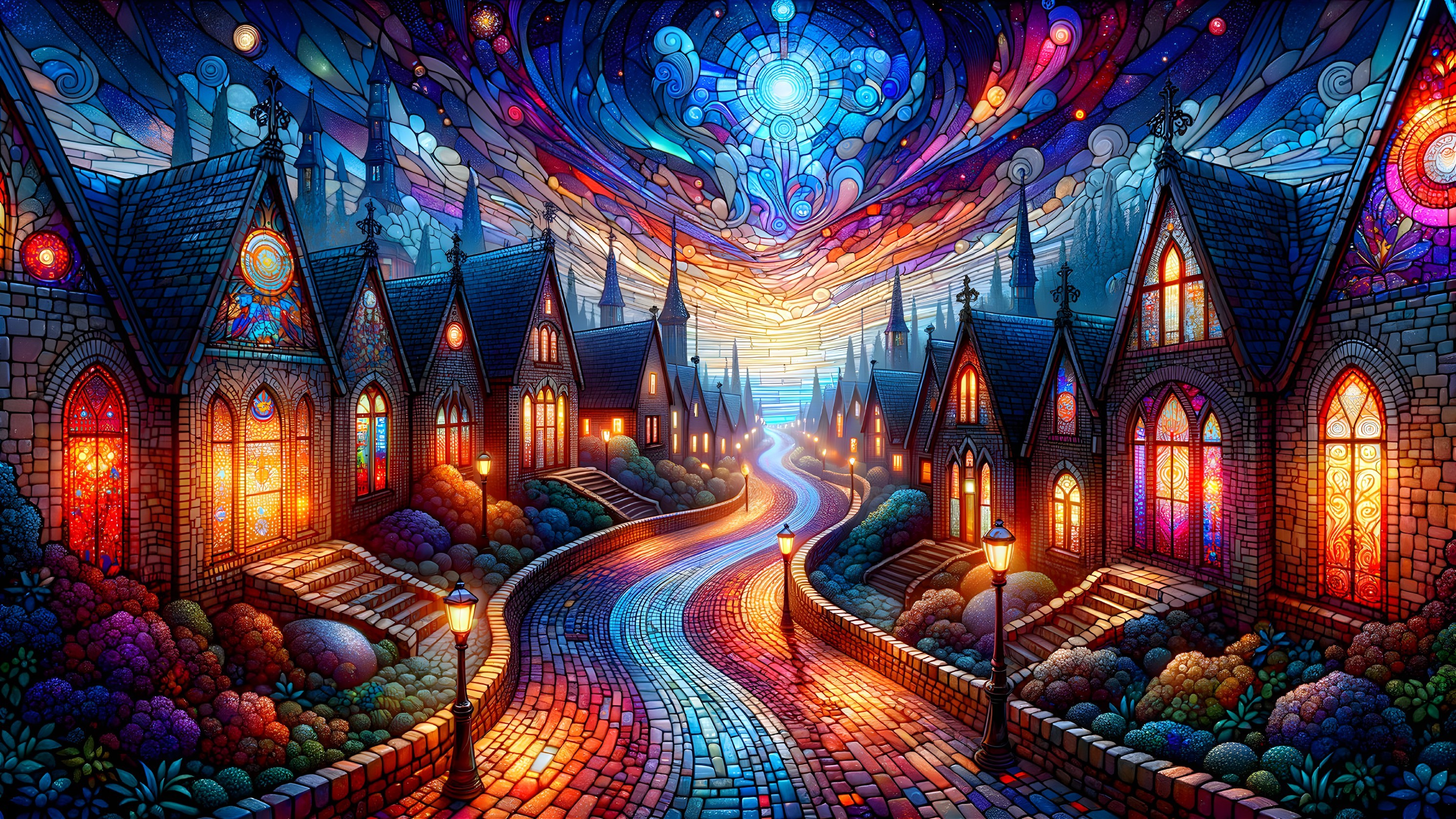 Whimsical Village Scene with Colorful Sky and Homes
