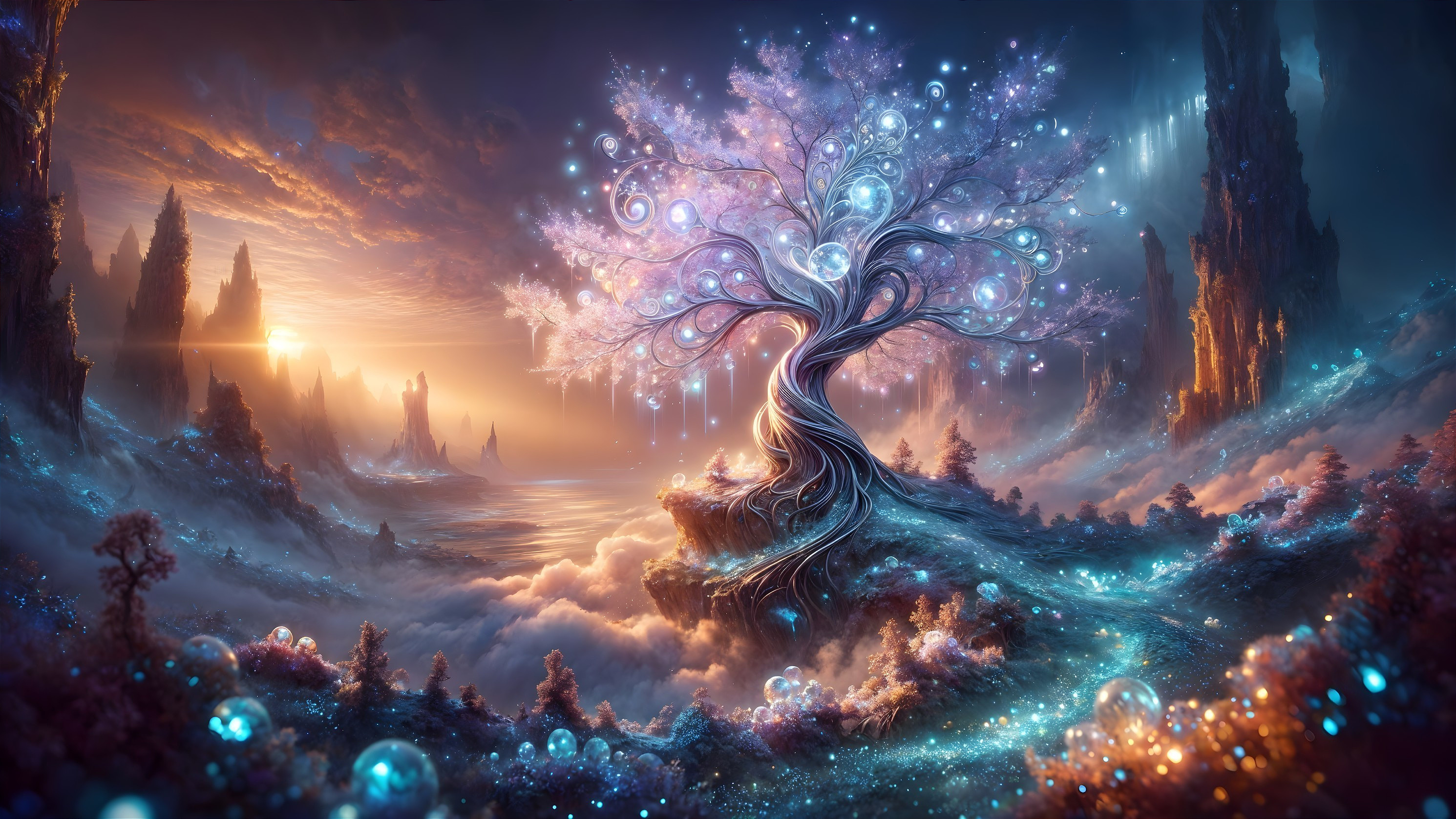 Majestic Tree with Ethereal Orbs at Sunset Over Mountains