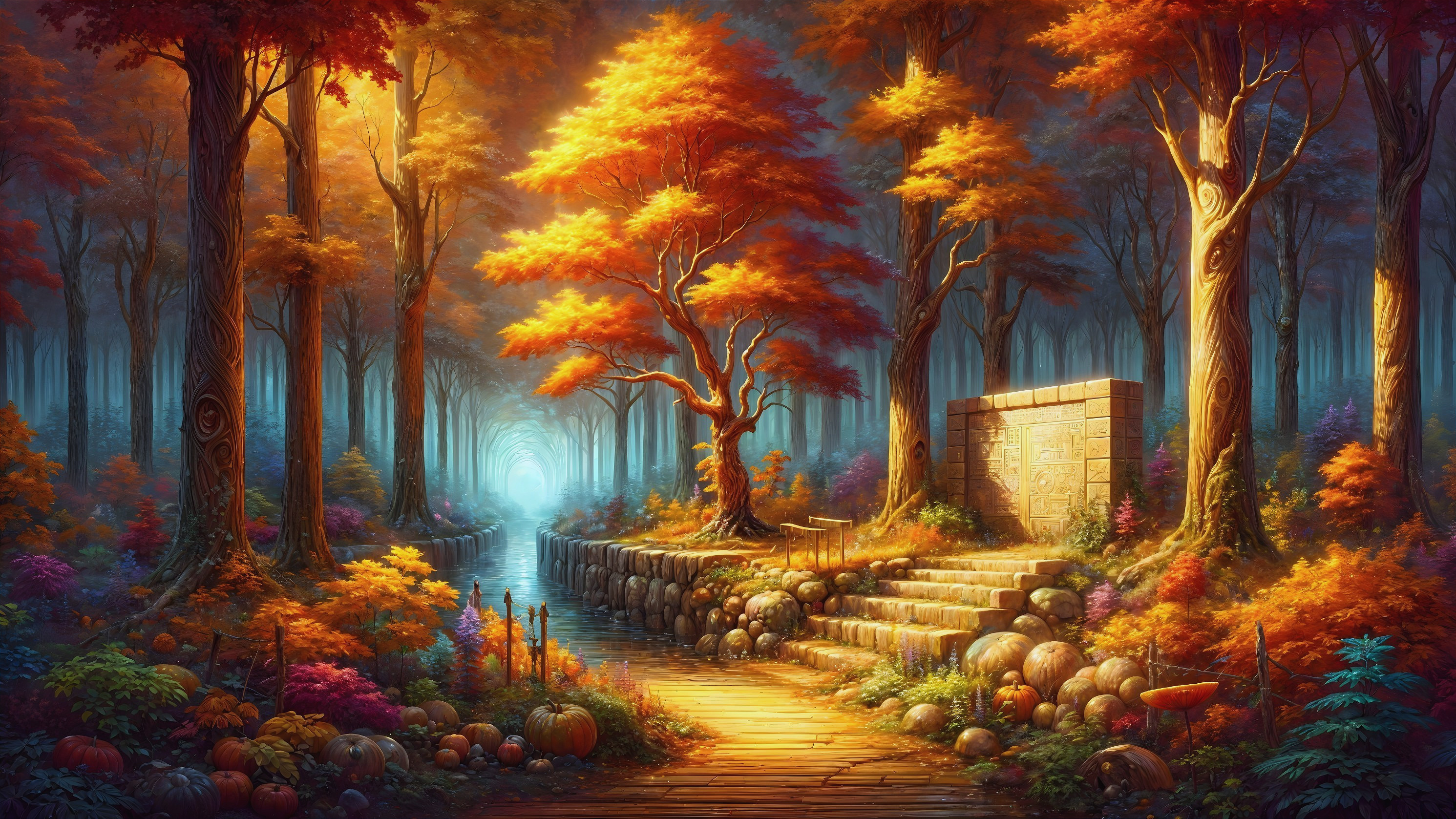 Autumn Forest Scene with Vibrant Colors and Stream