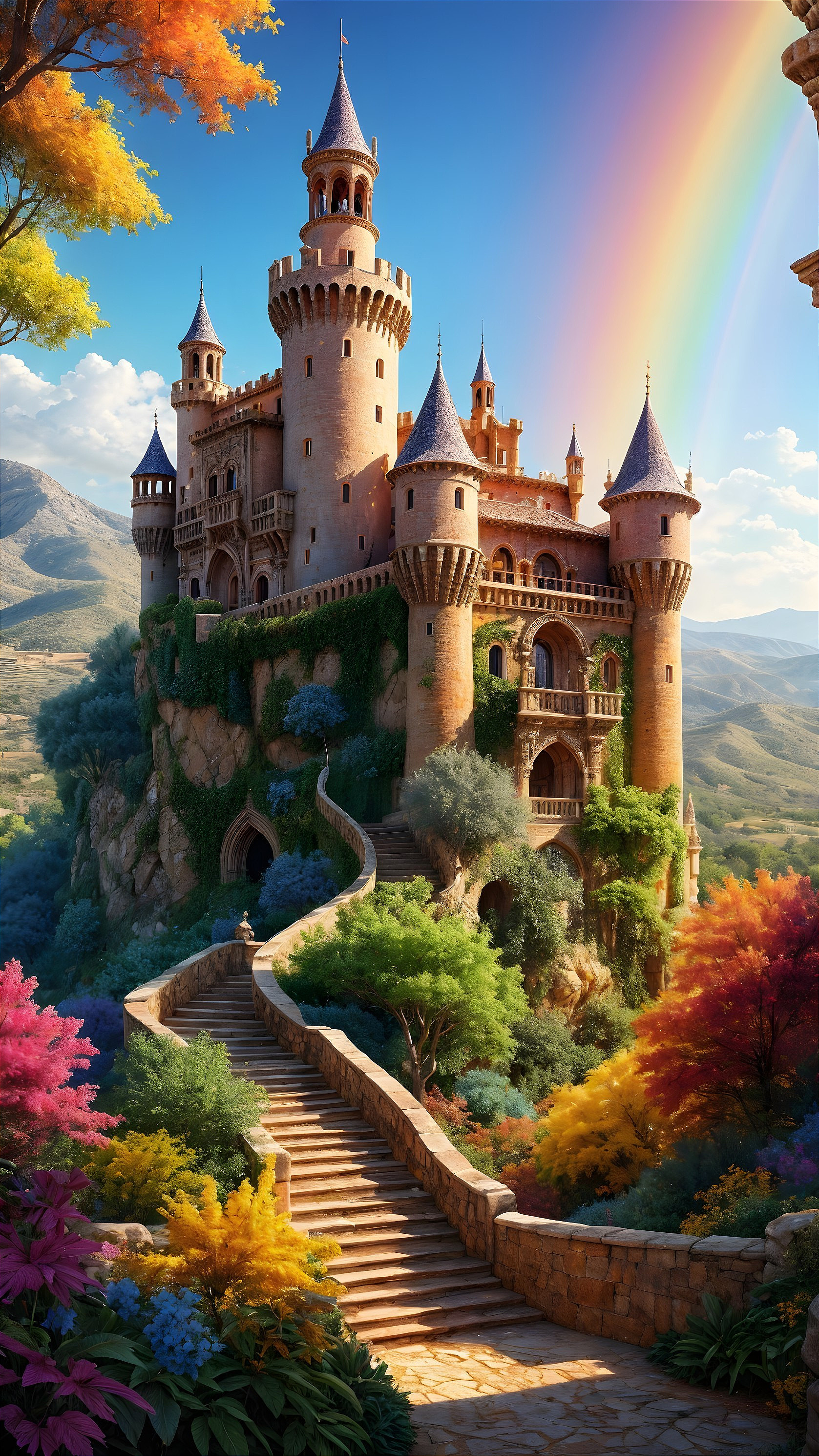 Majestic castle on a hill with autumn trees and rainbow