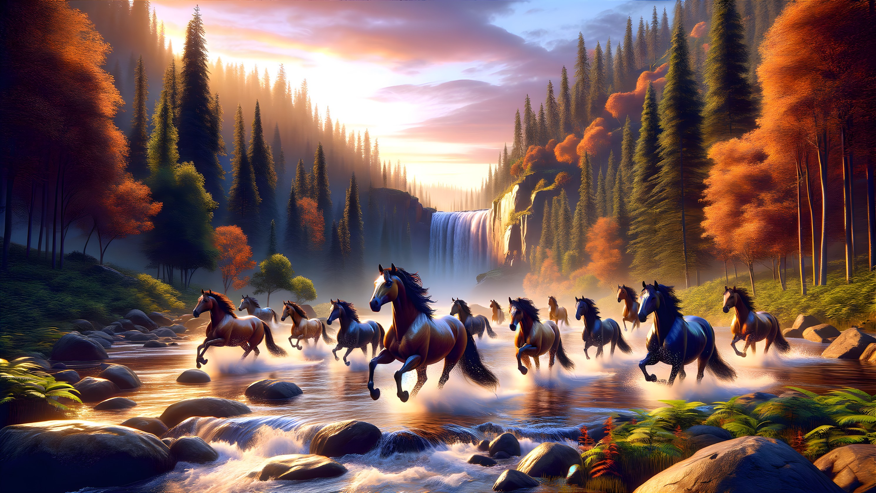 Horses Galloping Through Autumn River Landscape