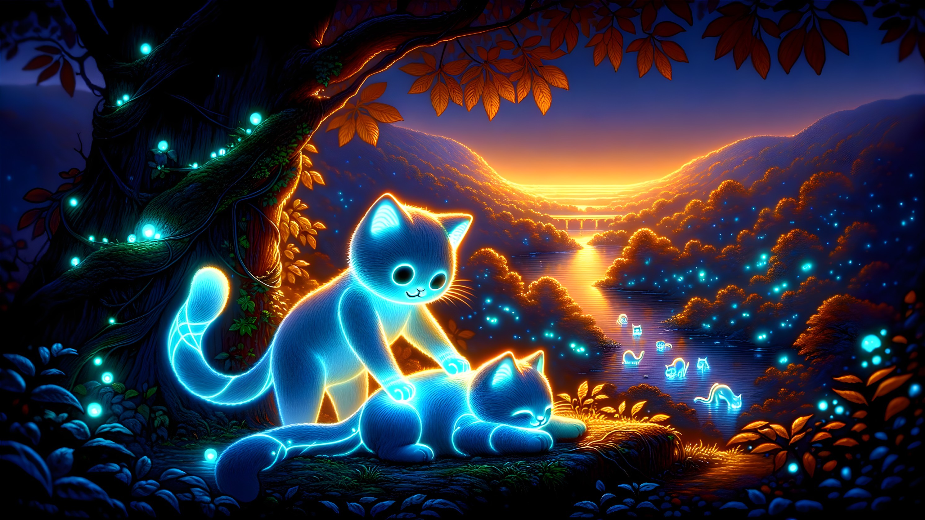 Whimsical Cats Under a Magical Twilight Tree
