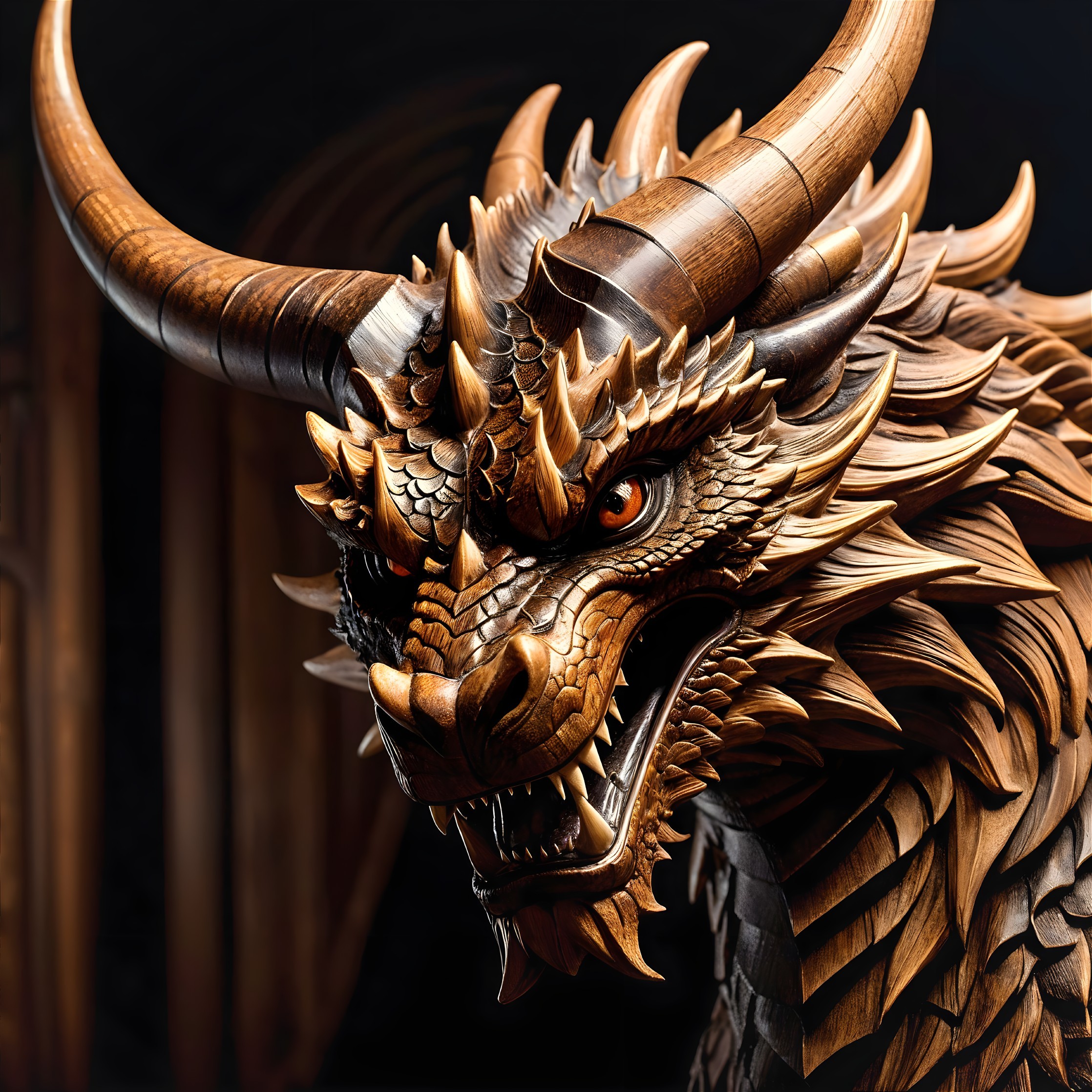 Detailed Wooden Dragon Sculpture with Intricate Textures
