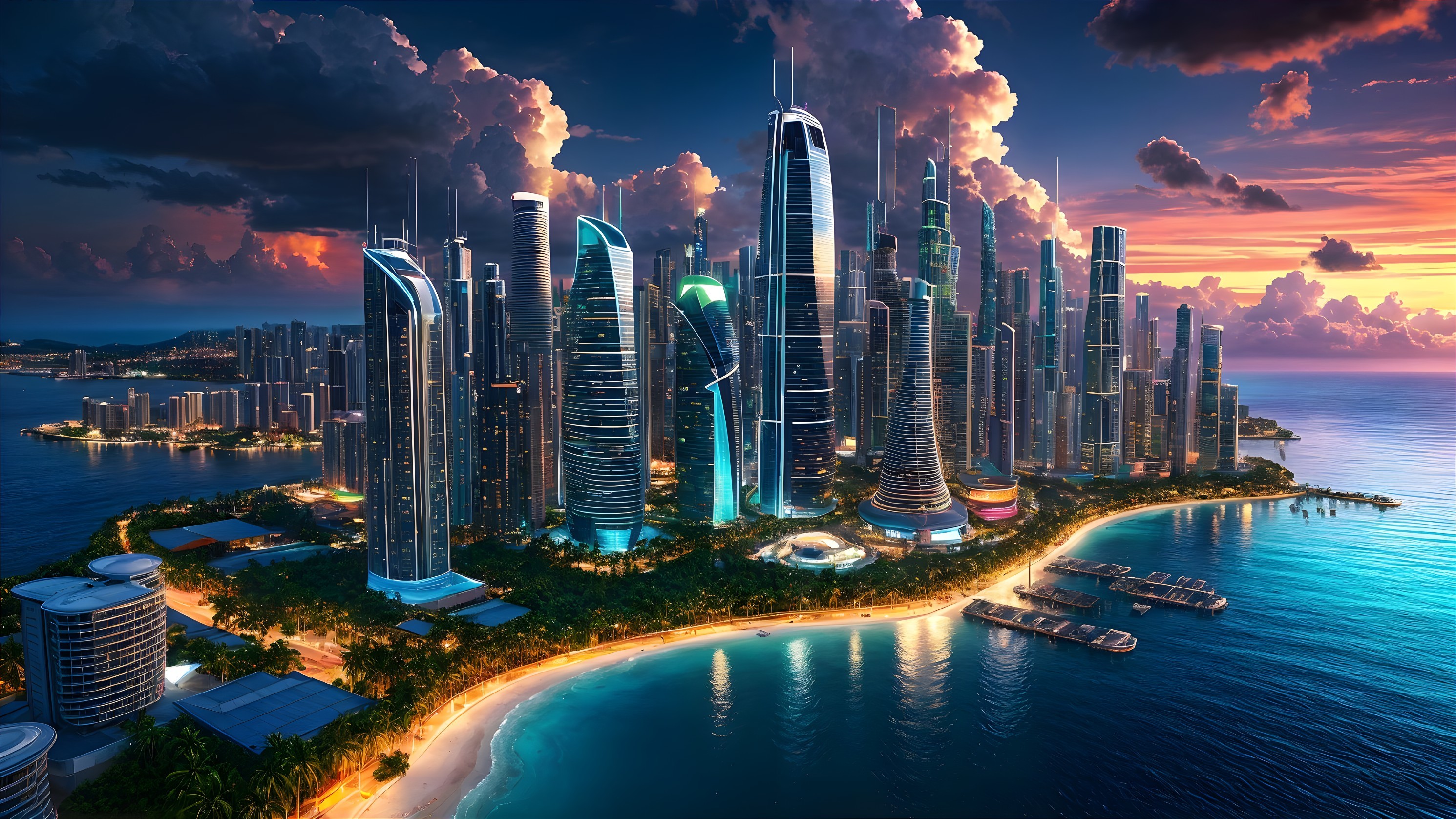 Futuristic cityscape at sunset with vibrant lights