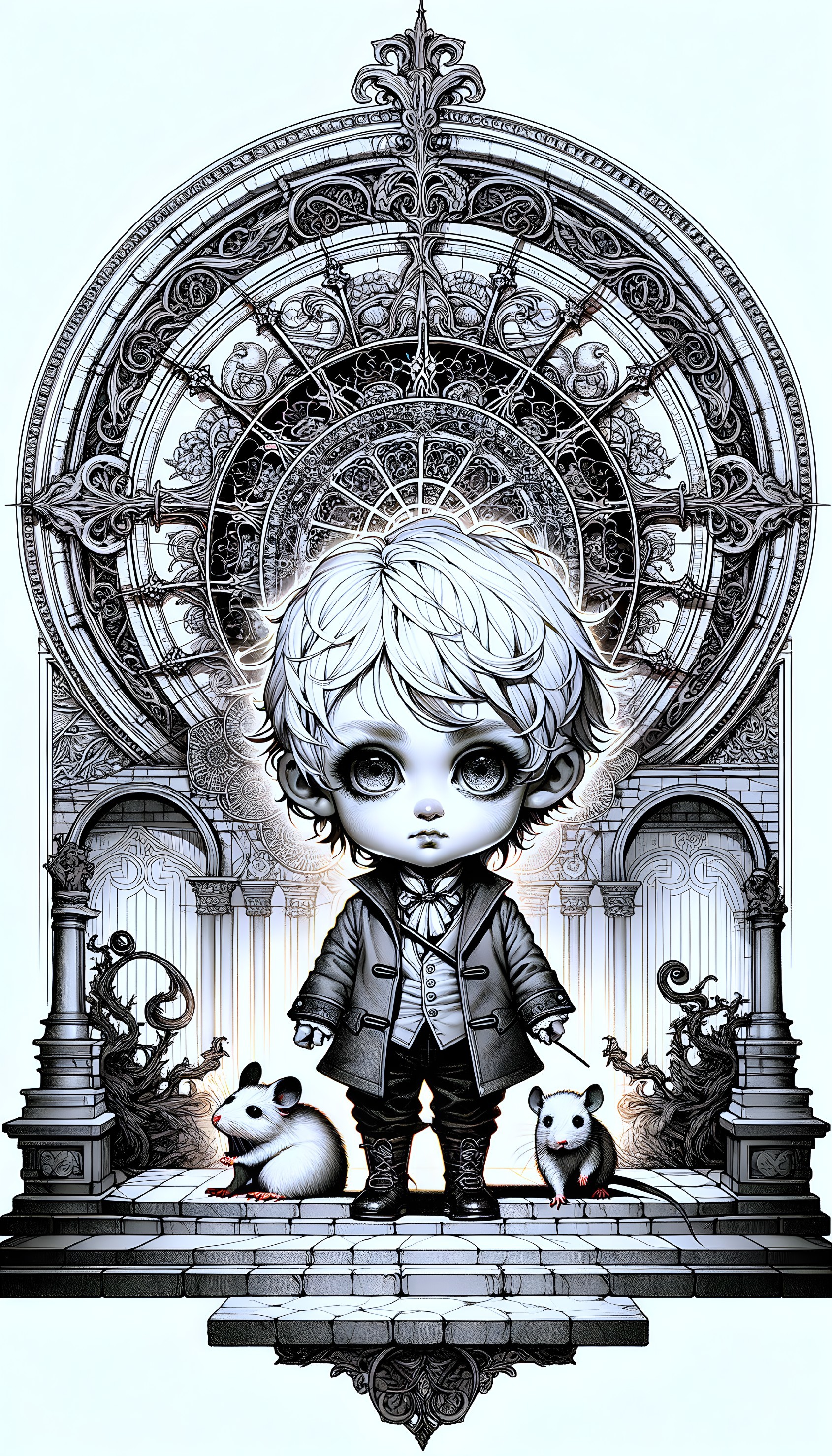 Whimsical Character with Pandas in Ornate Backdrop