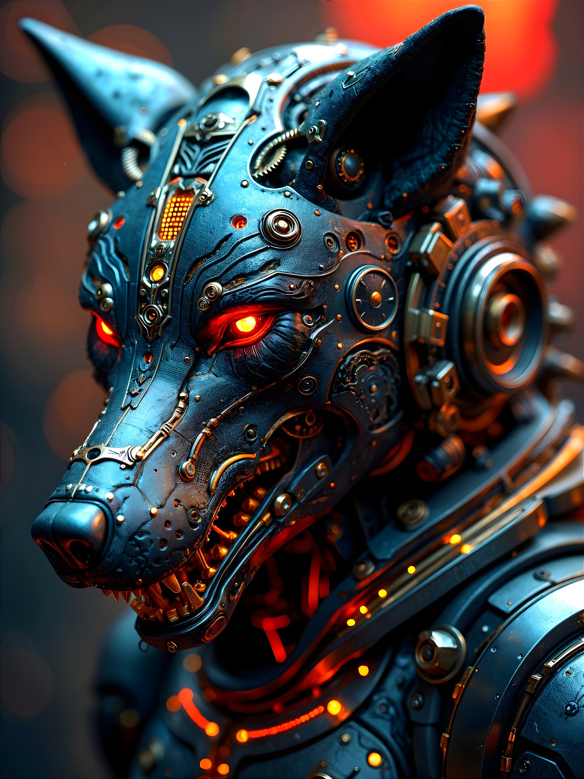 Futuristic robotic wolf with metallic details and red eyes