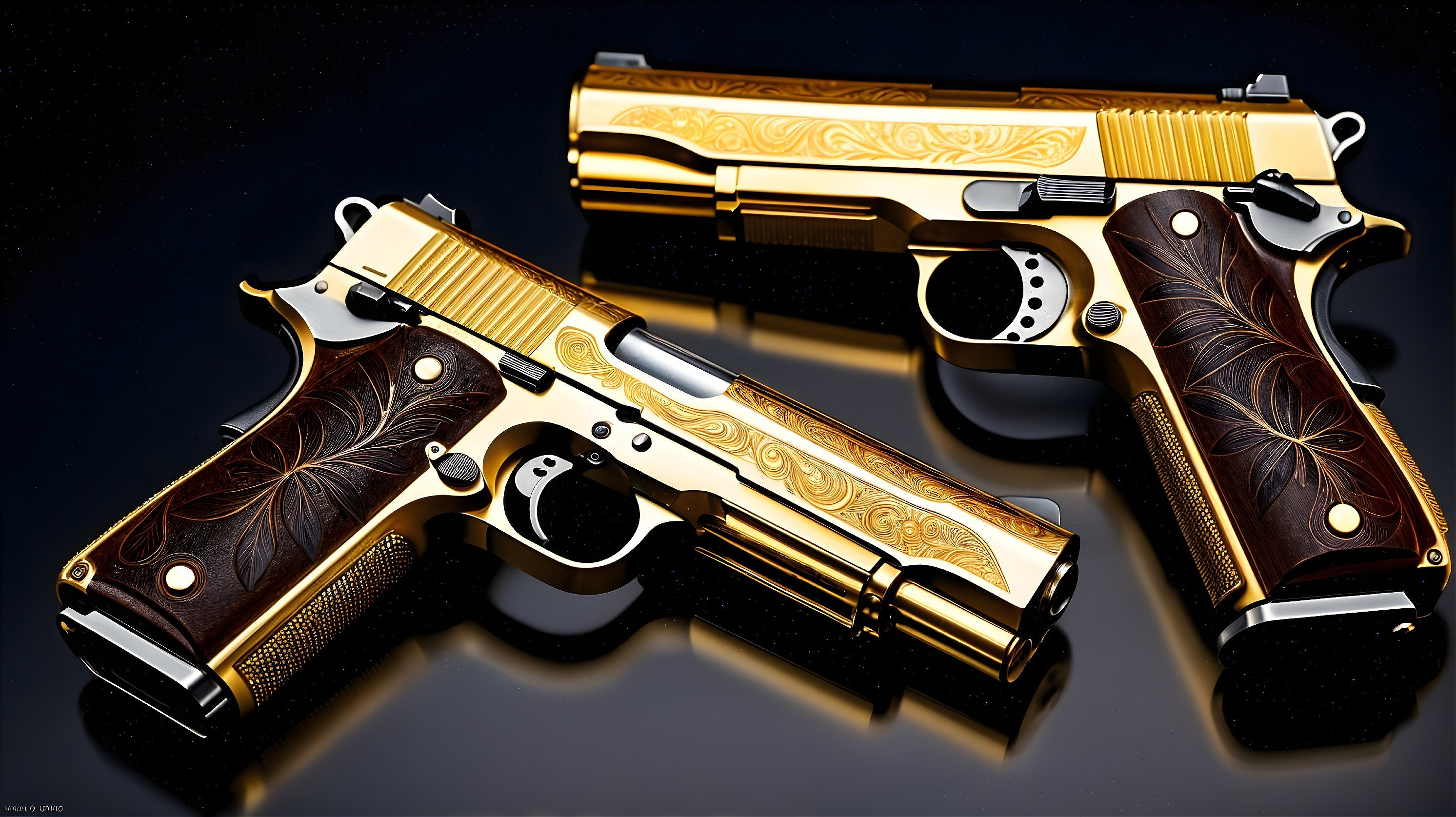 Intricately Designed Gold-Finished Handguns Displayed