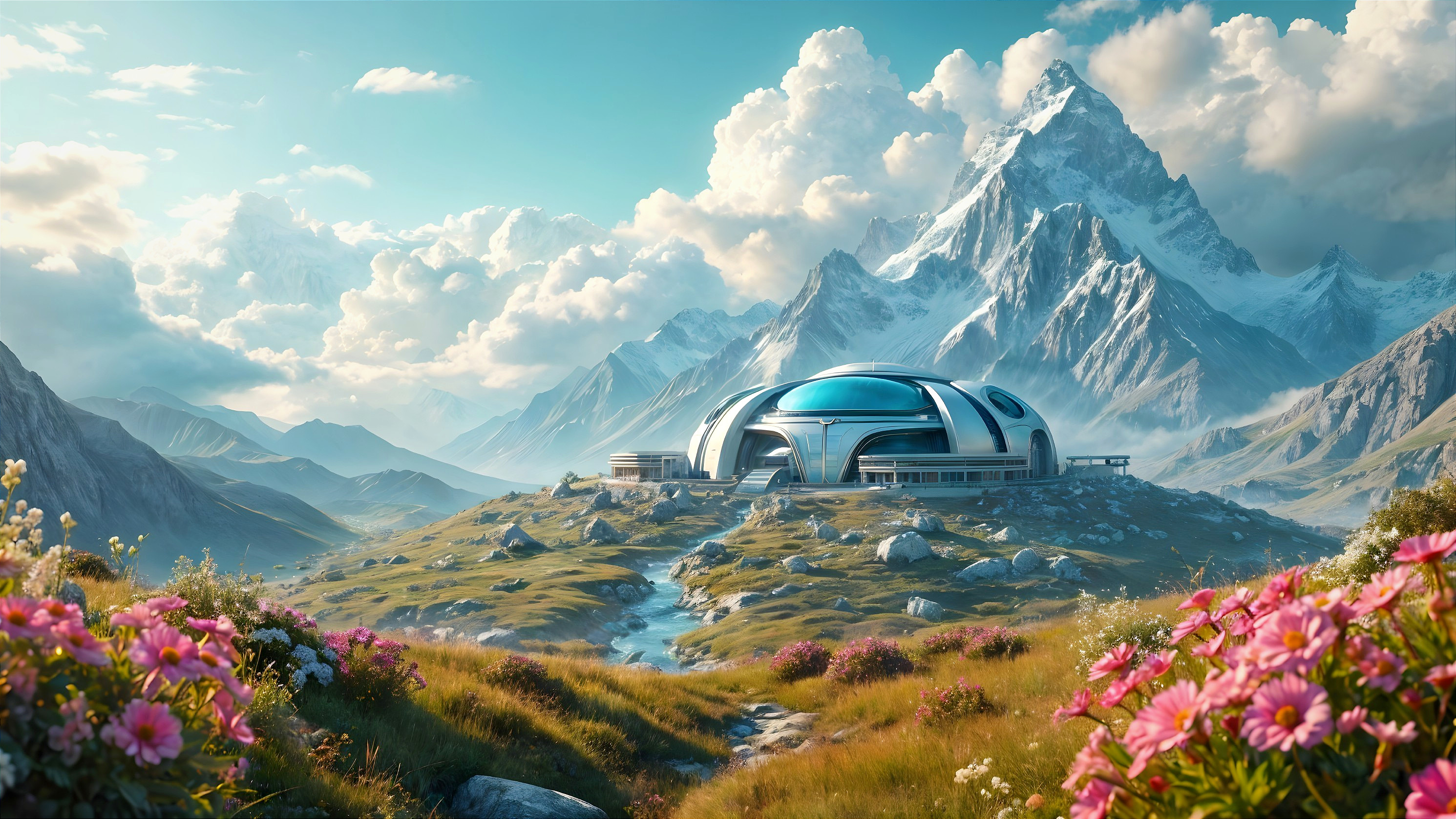 Futuristic dome structure in a serene landscape