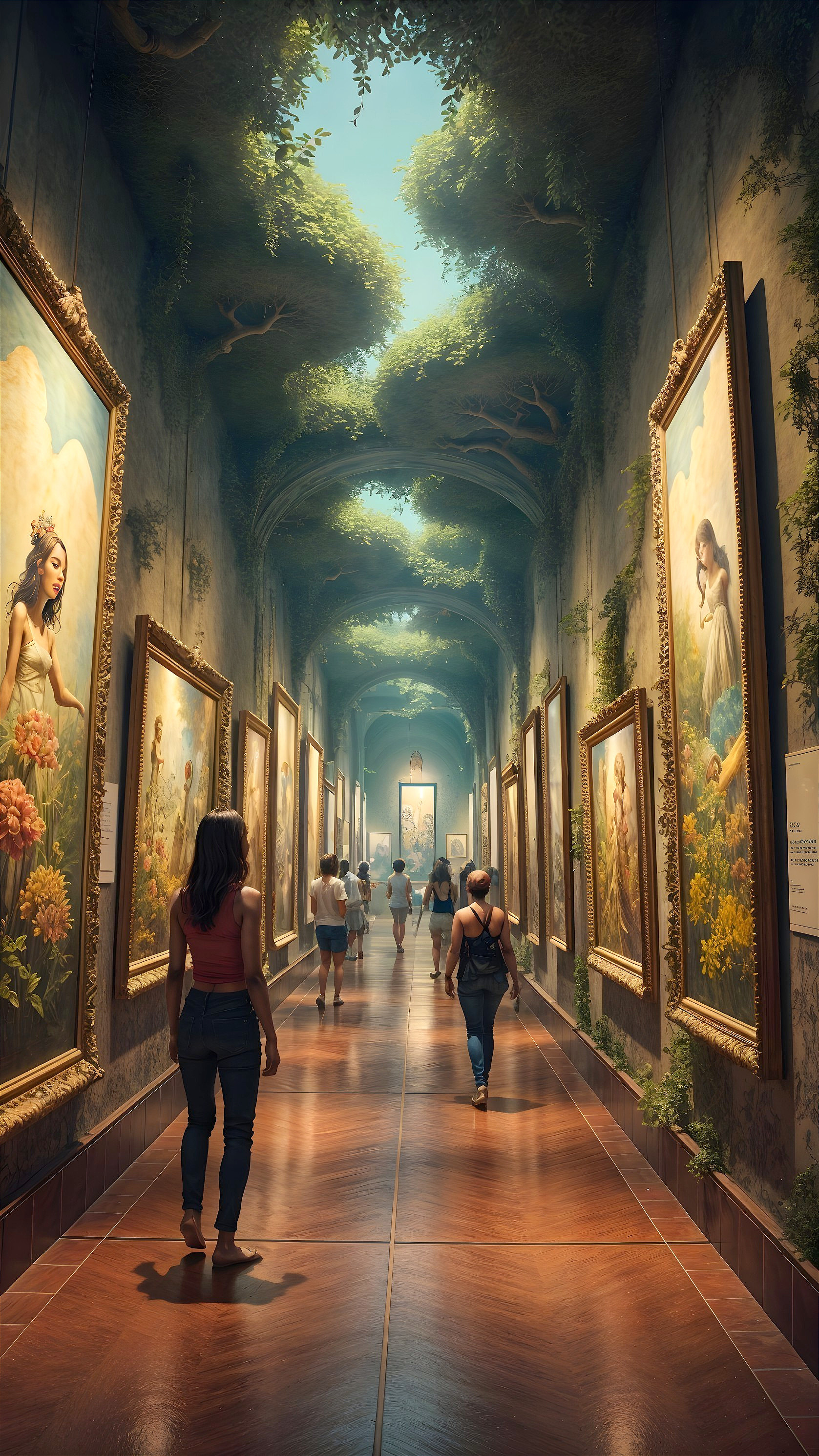 Surreal Art Gallery with Natural Light and Colorful Paintings