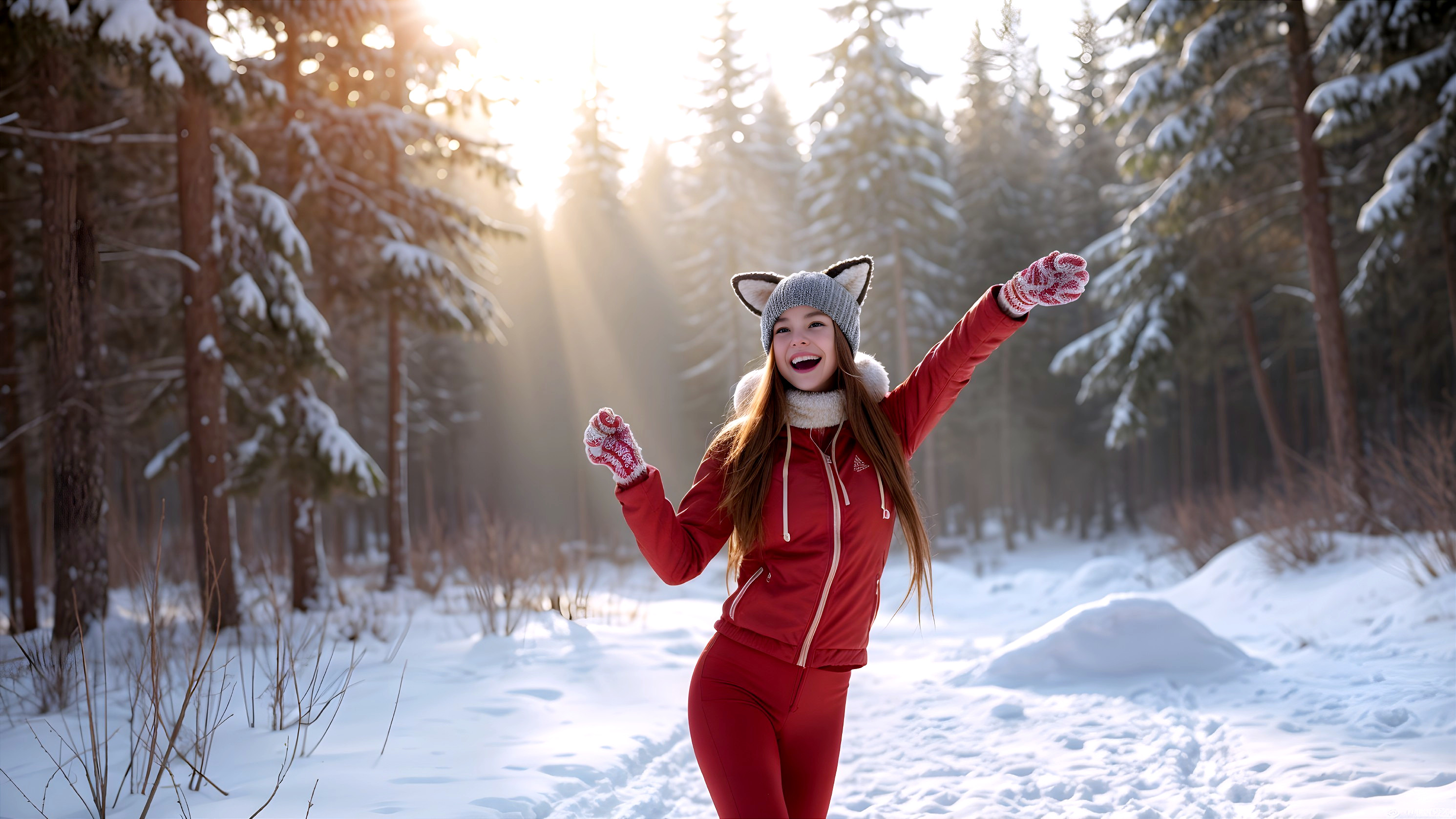 Young Woman in Red Suit in Snowy Forest Scene