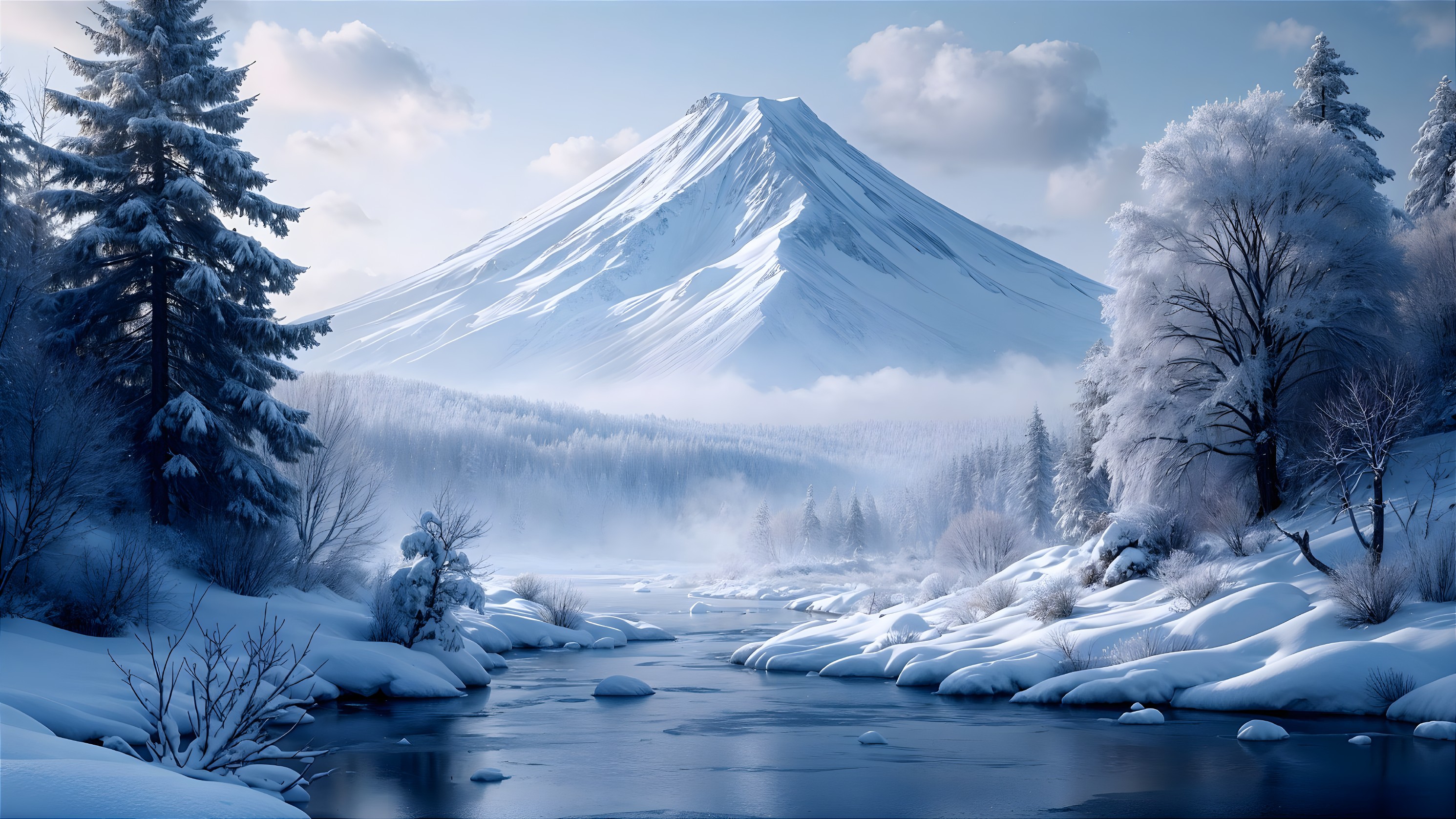 Serene Winter Landscape with Snow-Capped Mountain