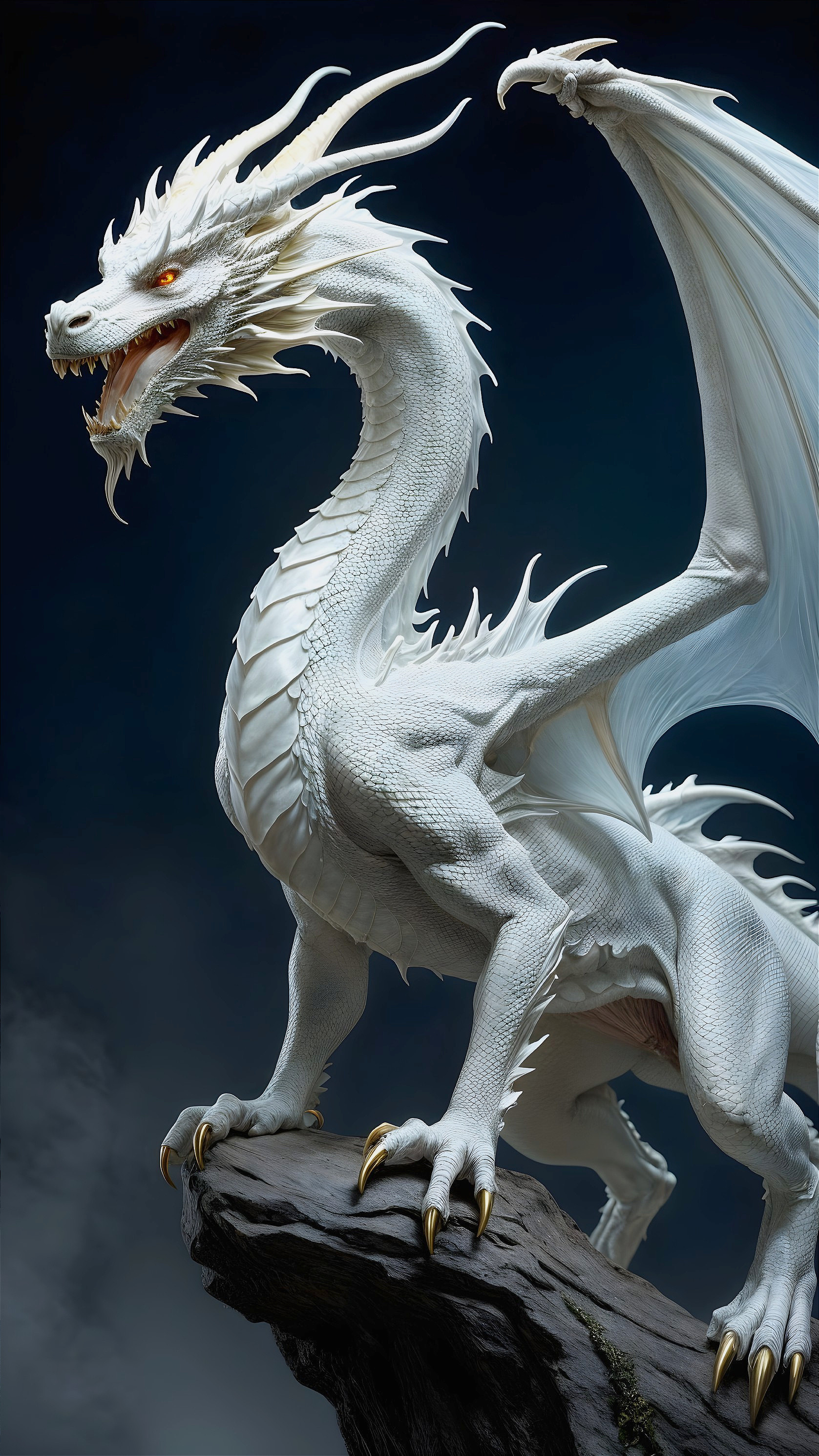 Majestic white dragon on rocky outcrop with clouds