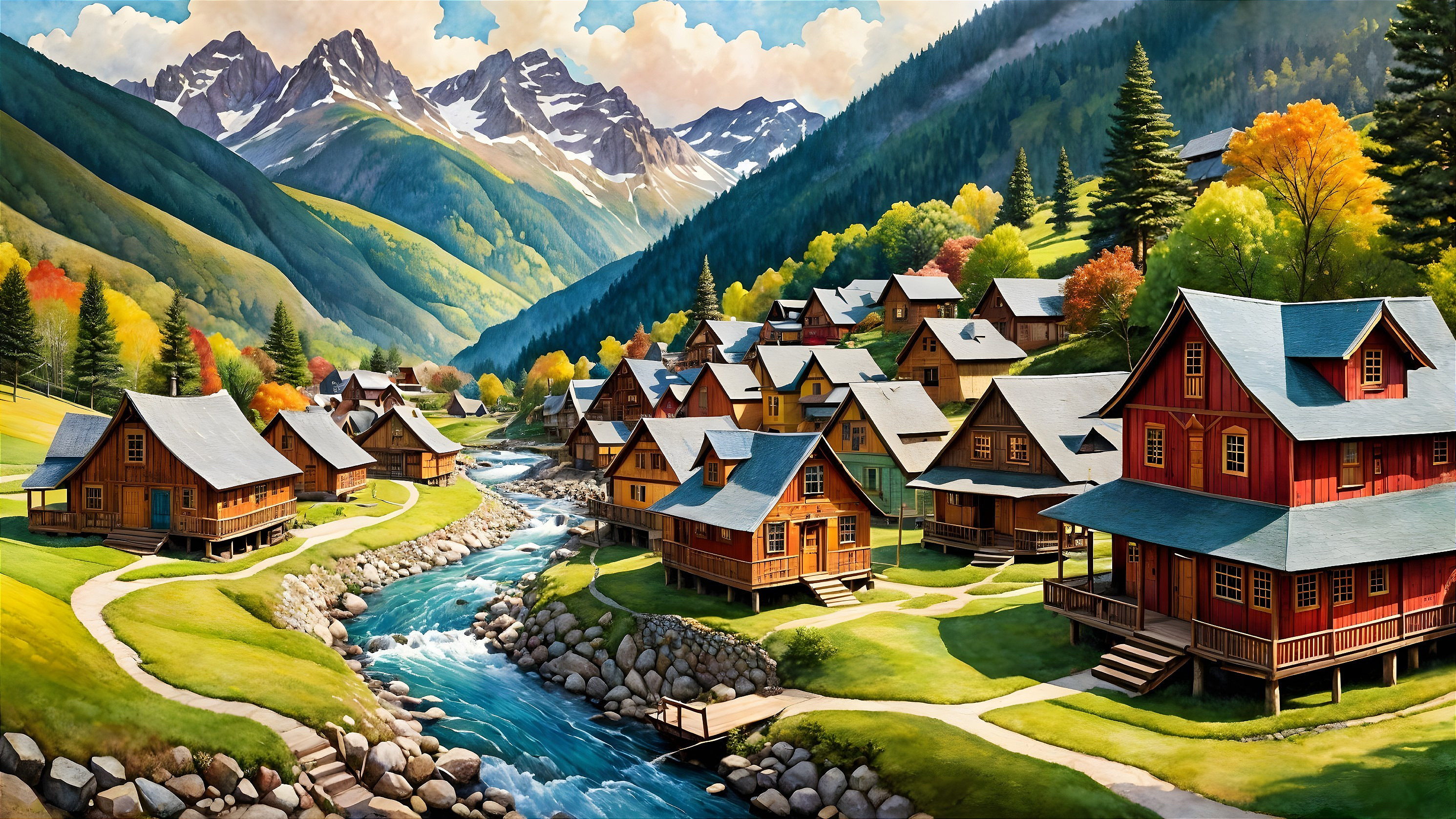 Serene Village in Lush Valley with Autumn Foliage