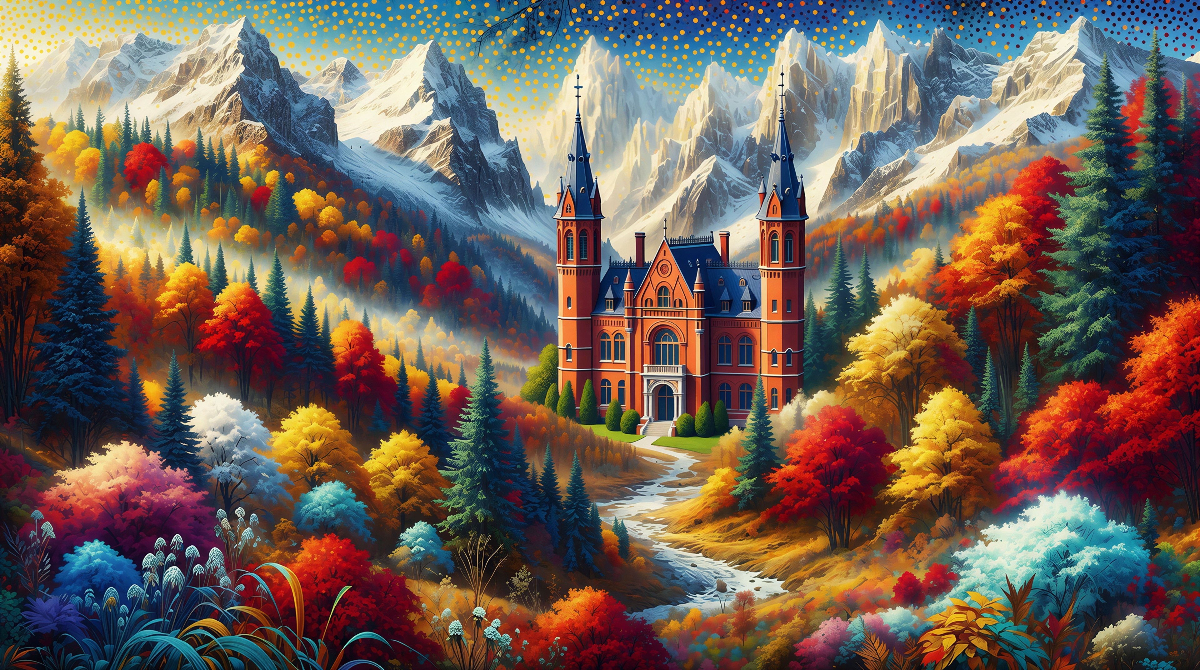 Whimsical Alpine Landscape with Colorful Forest and Castle