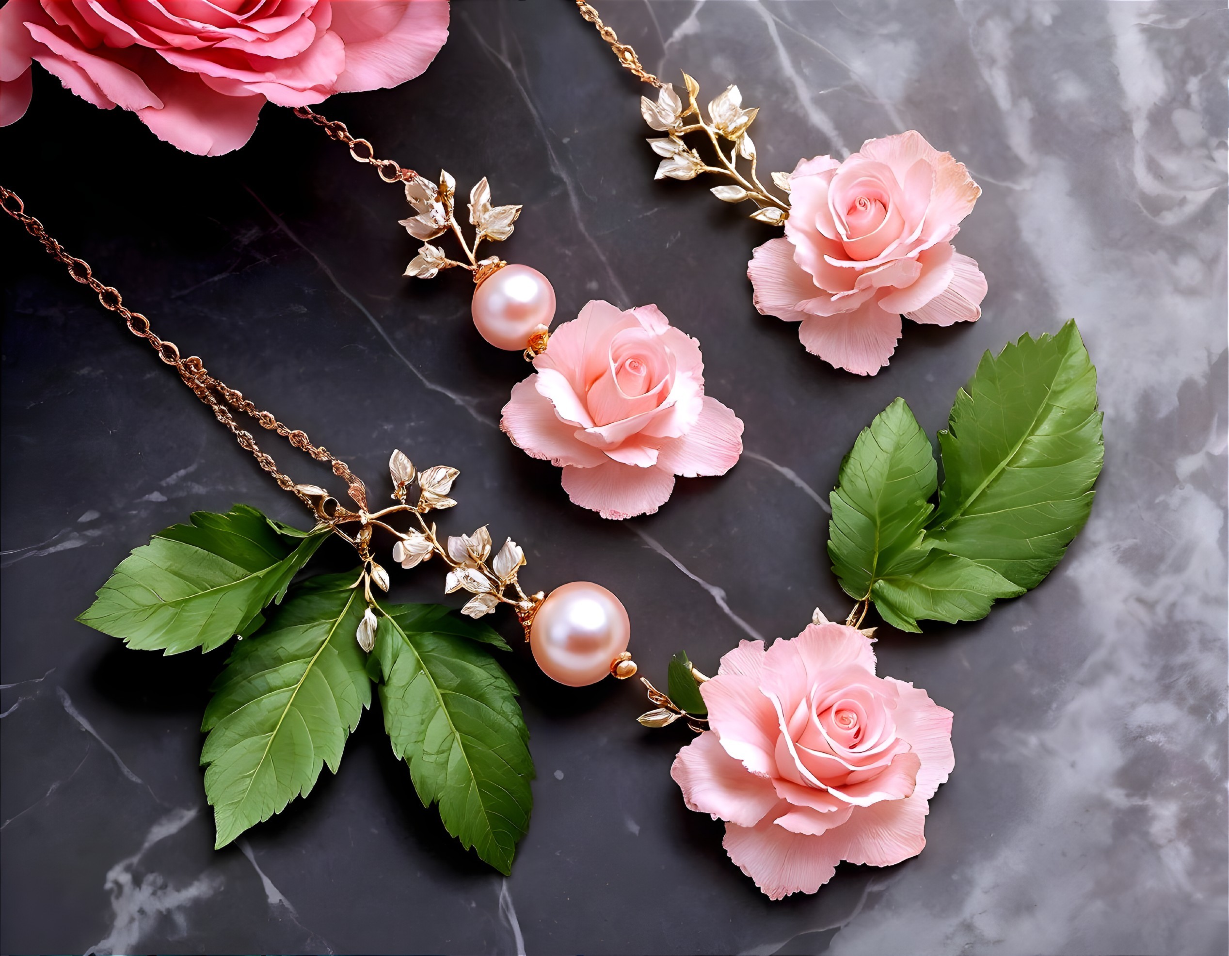 Elegant Jewelry and Pink Roses on Dark Marble
