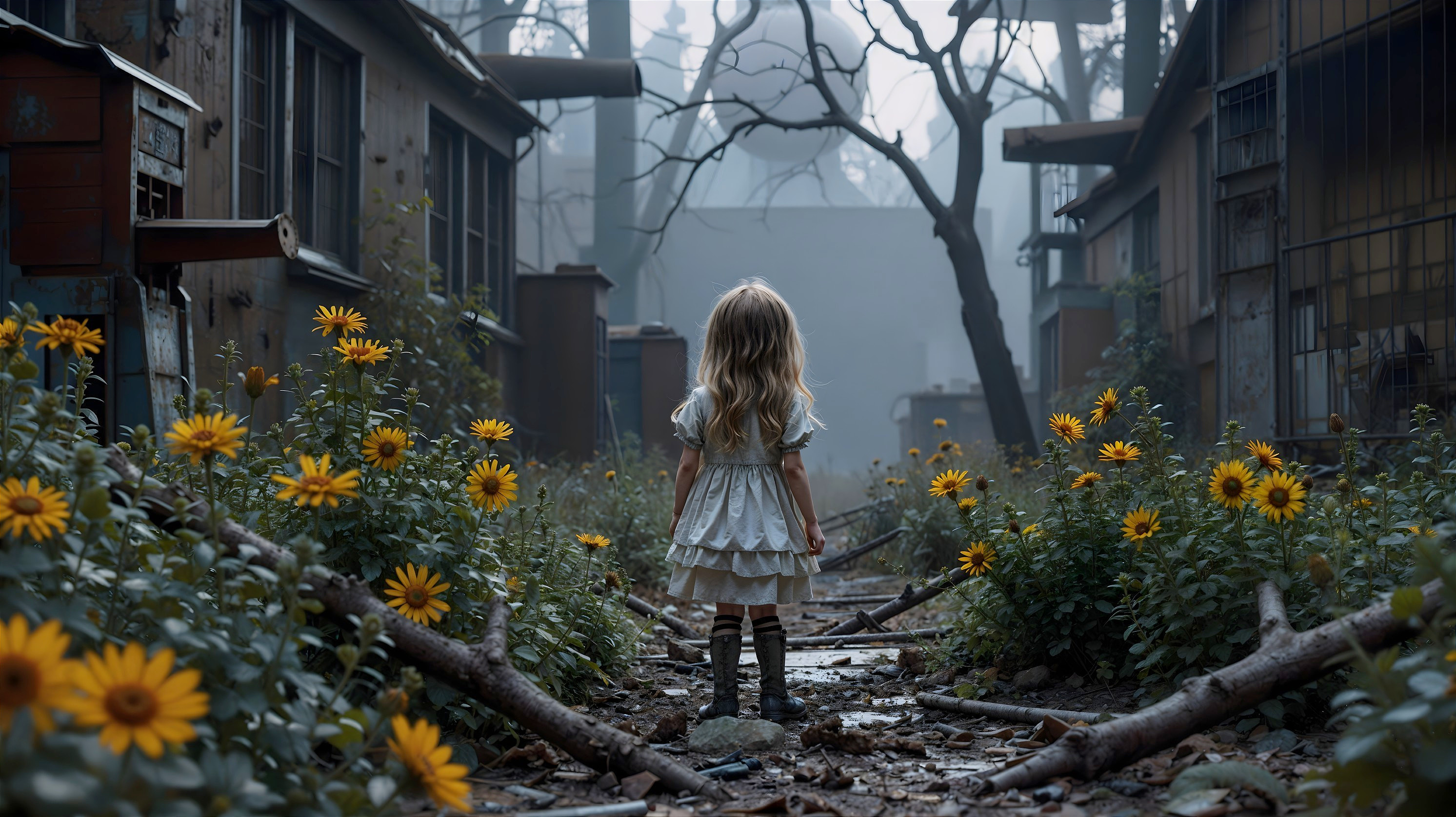 Misty Path with Sunflowers and Eerie Surroundings