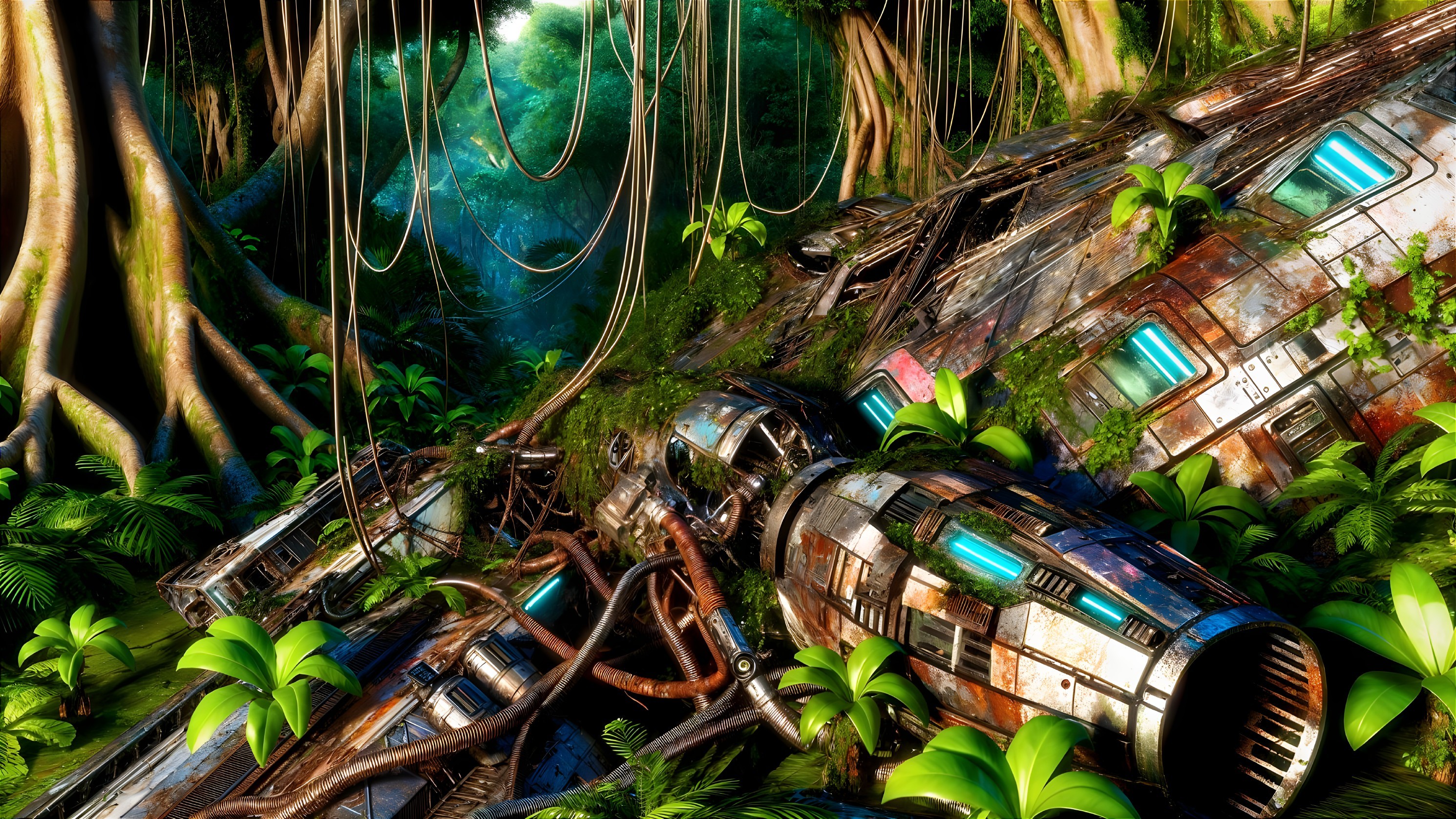 Futuristic Rusted Spacecraft in Lush Jungle Setting
