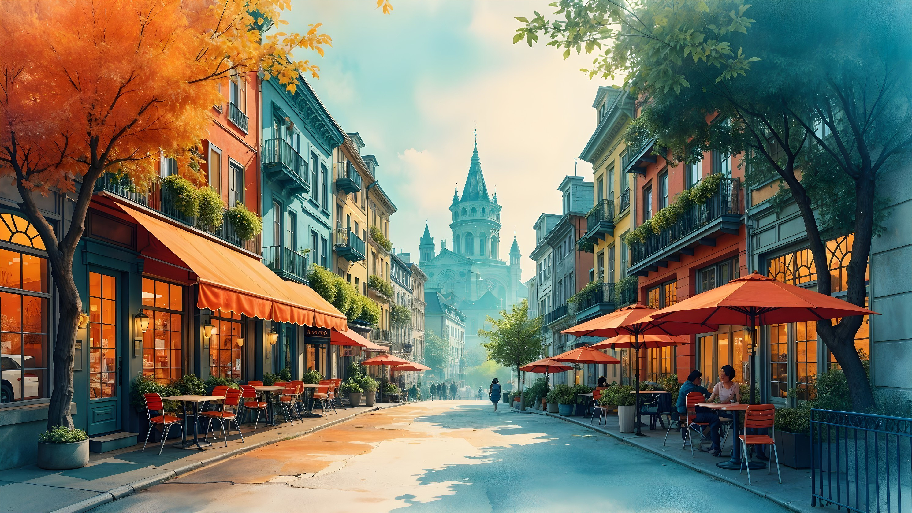 Vibrant Street Scene with Colorful Buildings and Cafes