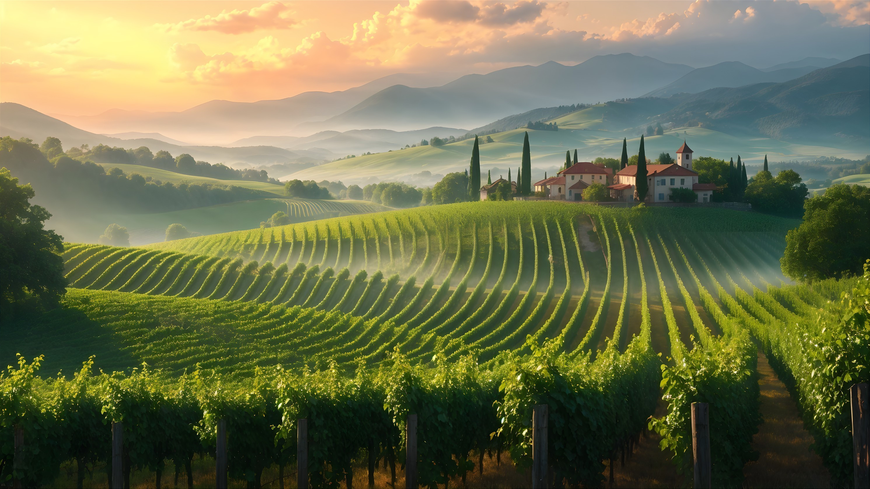 Serene Vineyard Landscape at Golden Sunrise