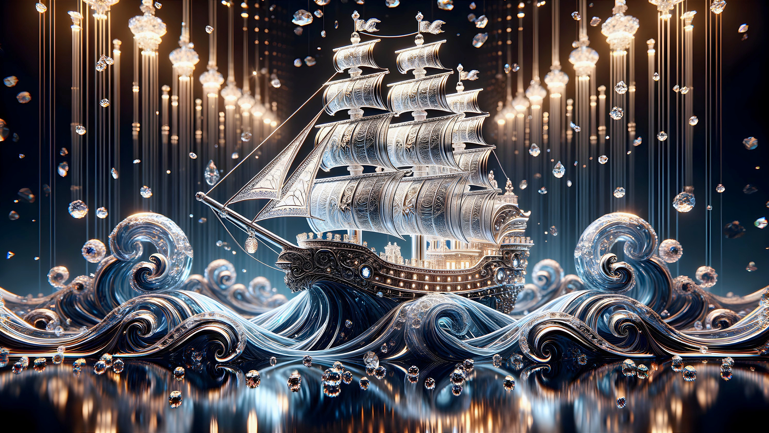 Ornate ship with sails amidst shimmering waves and chandeliers