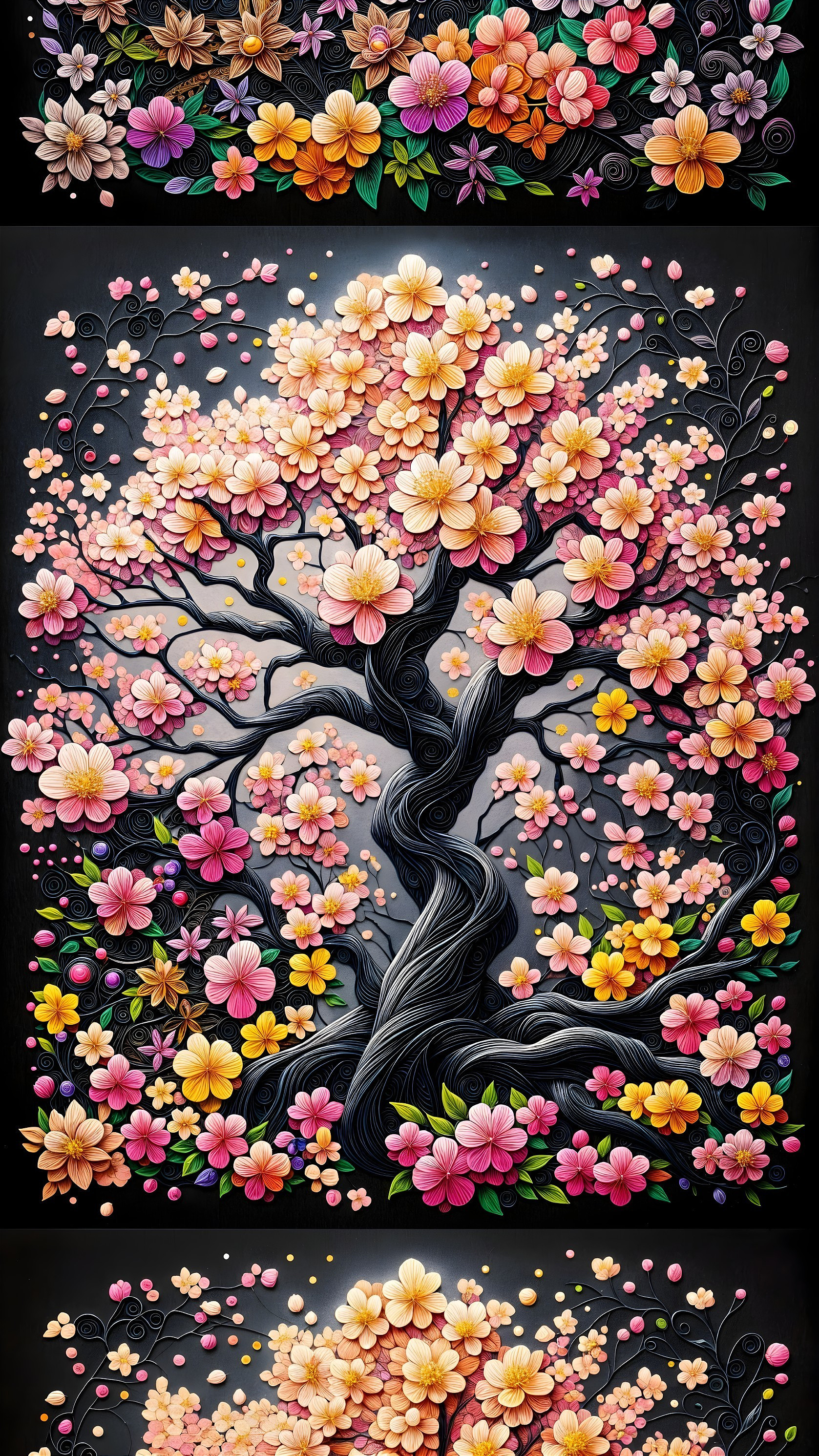 Blooming Tree Artwork with Vibrant Flowers and Depth