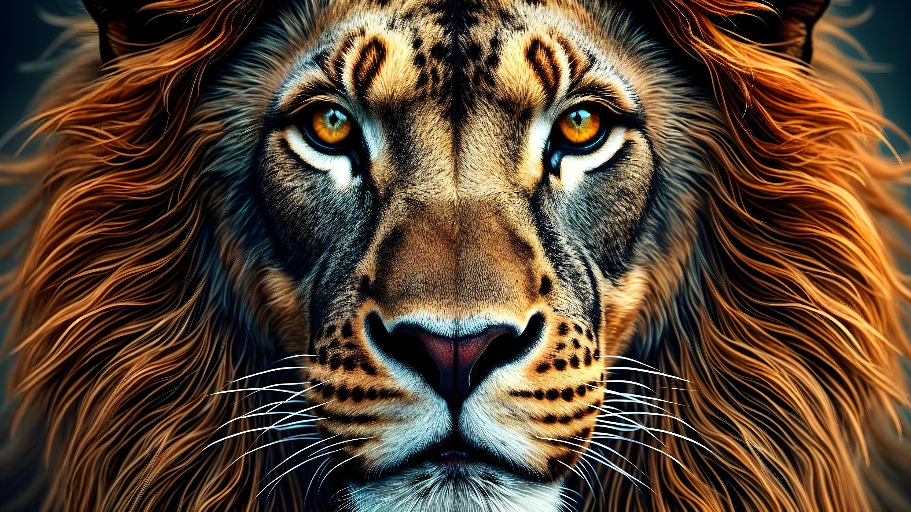 Close-up of a lion's face with detailed mane and eyes