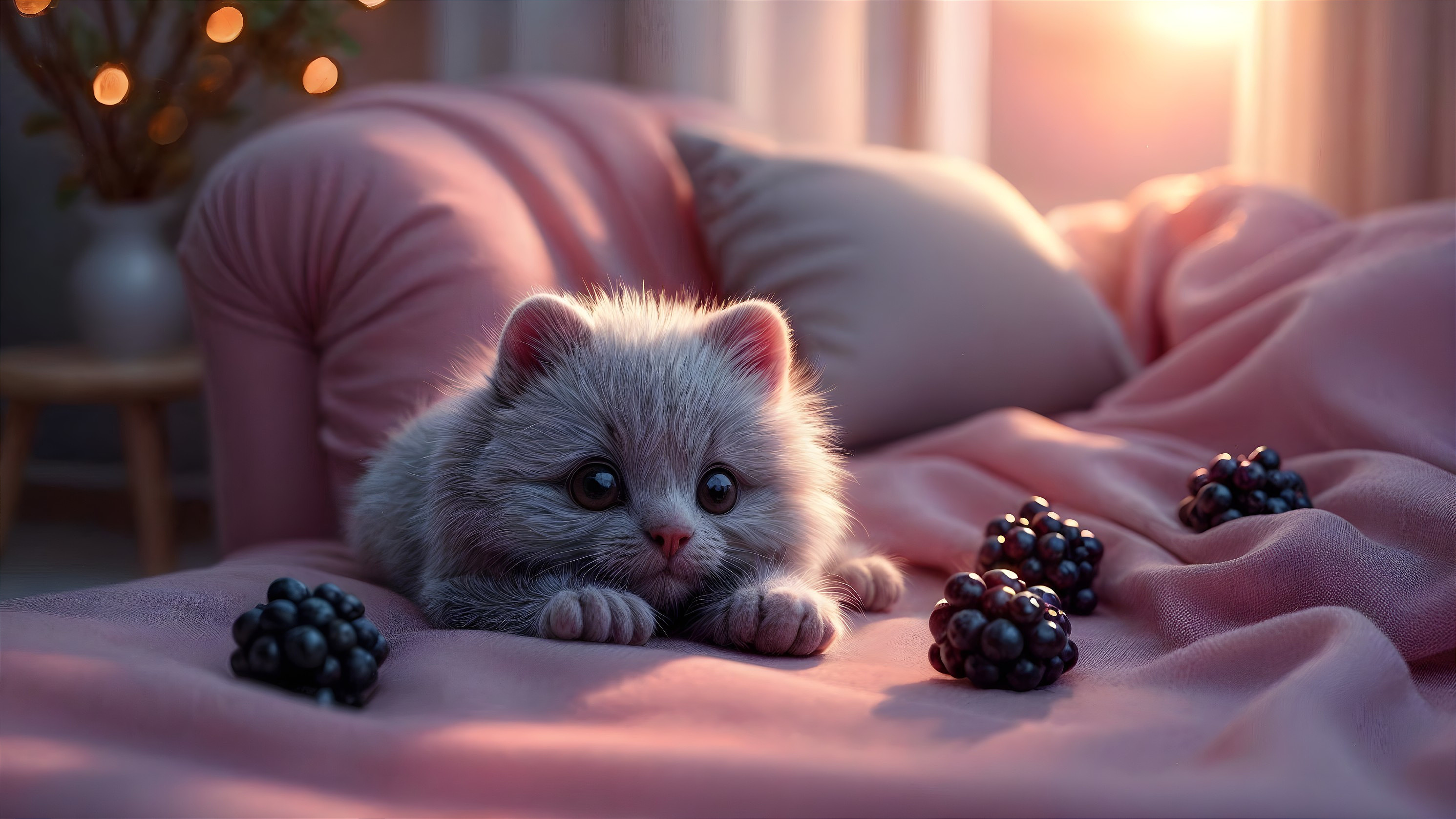 Fluffy Gray Kitten on Pink Sofa with Blackberries