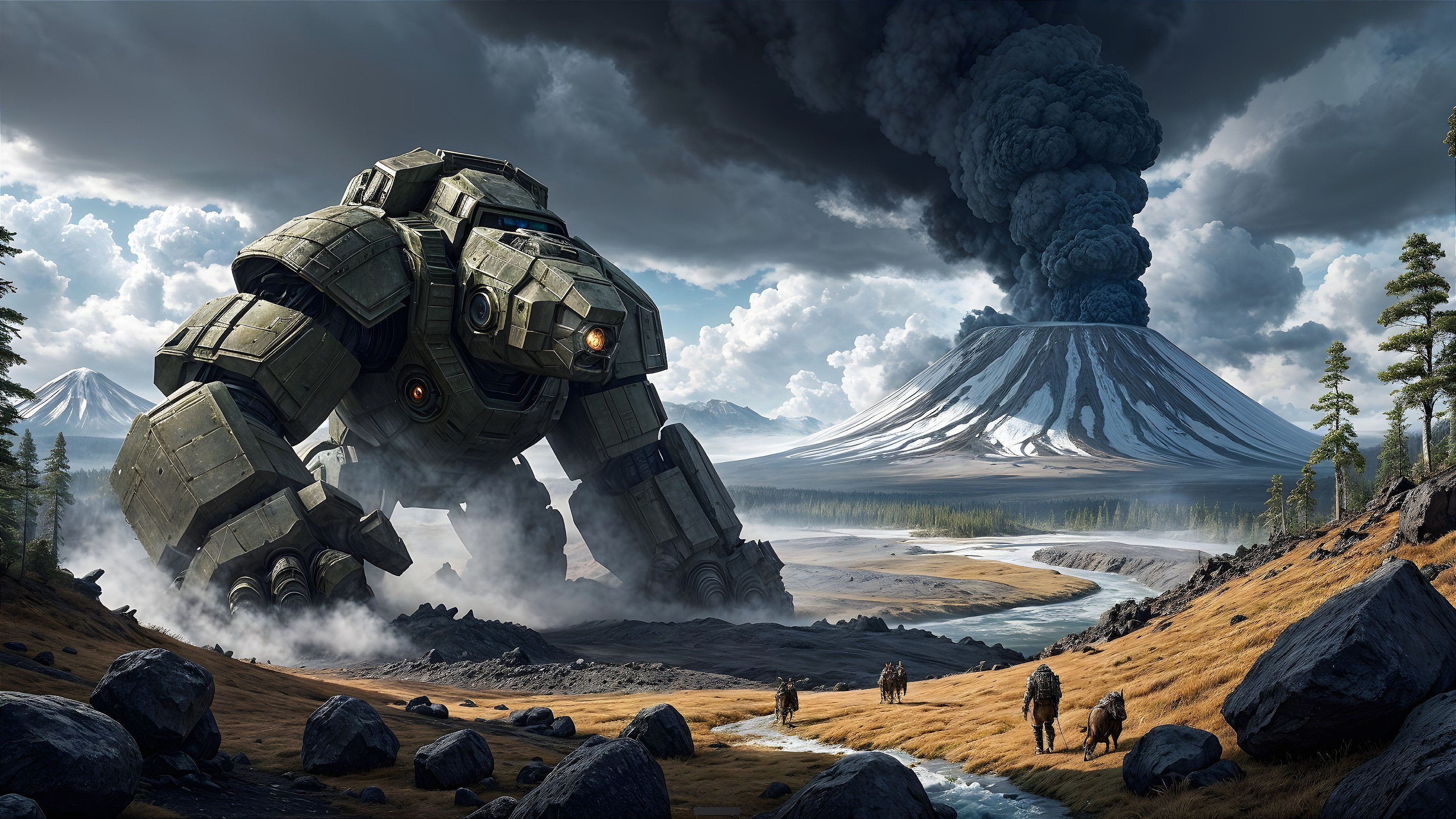 Colossal Robot in Rugged Landscape with Eruption
