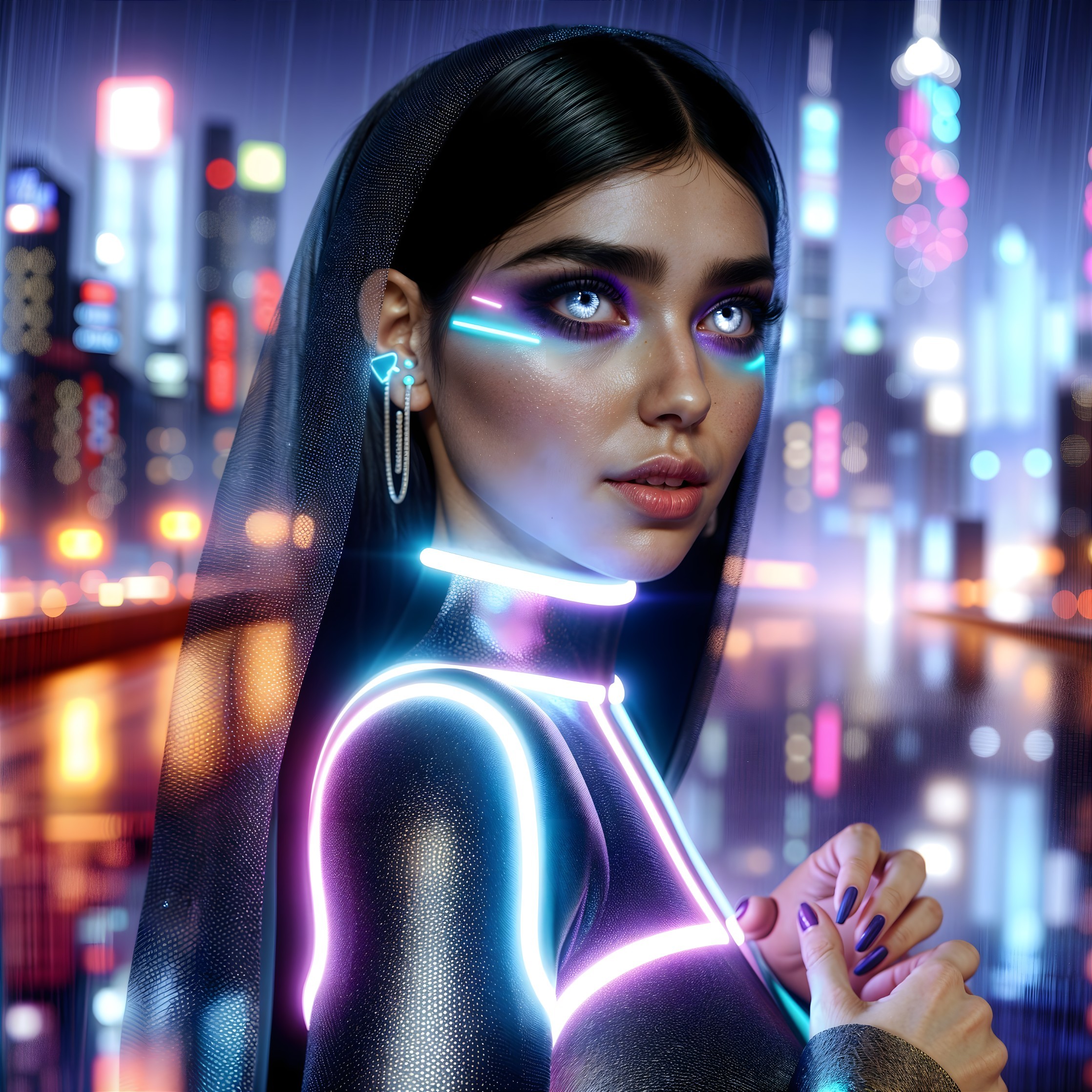 Futuristic Woman in Neon Cityscape with Vibrant Outfit