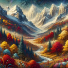 Whimsical Alpine Landscape with Colorful Forest and Castle