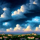 Dramatic storm with lightning over serene landscape