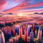 Vibrant Forest Scene with Cascading Waterfalls and Flowers