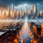 Rainy Street Scene with Old Buildings and Warm Lights